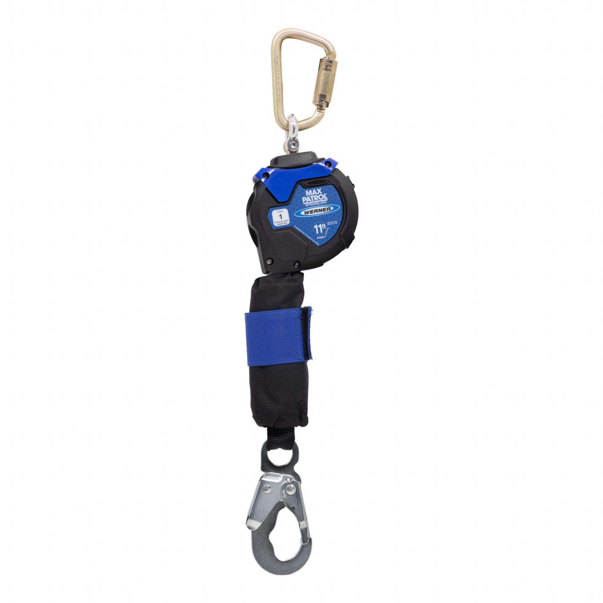 Self-Retracting Lifeline: Steel Snap Hook Anchor, Harness Steel Carabiner, 11 ft Line
