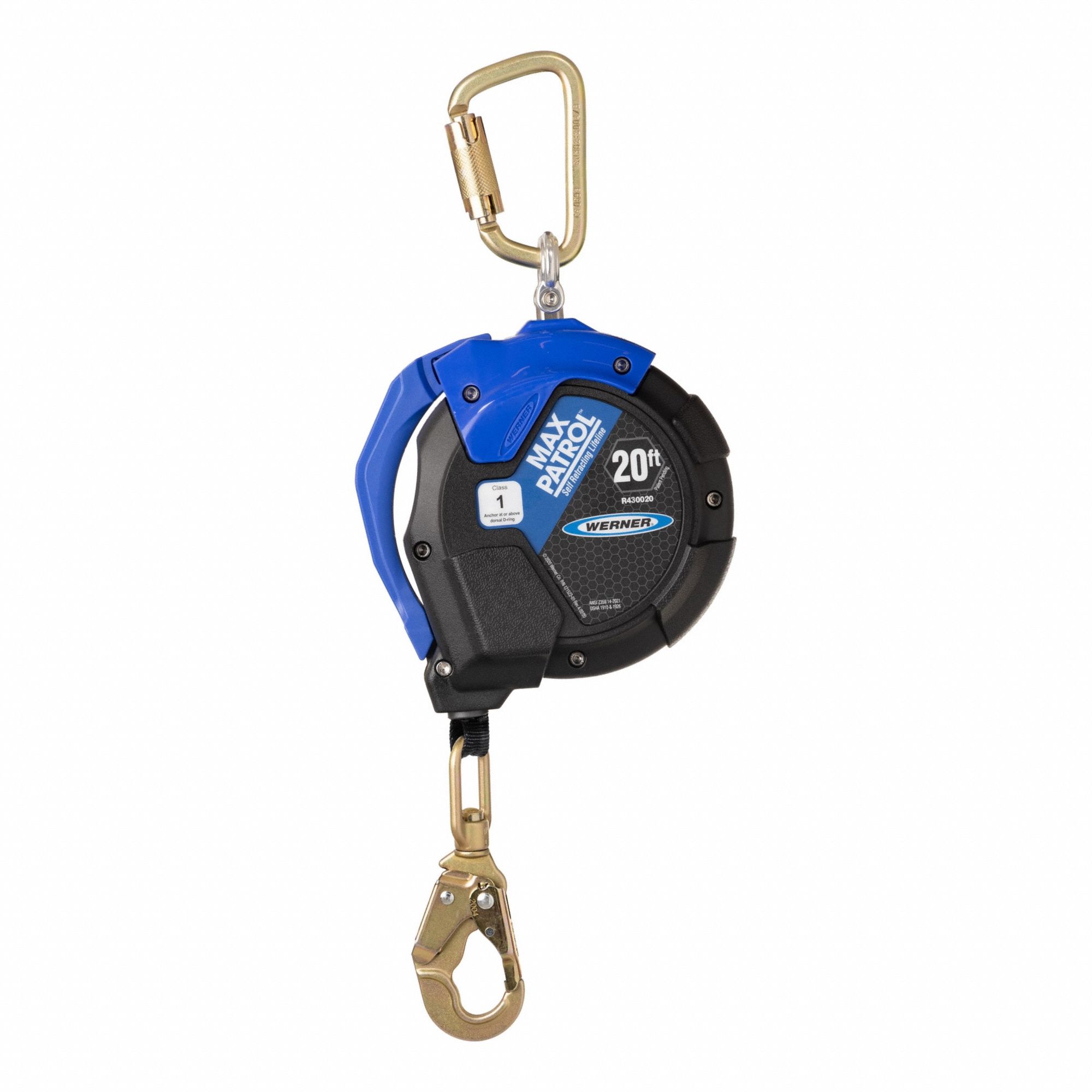 Self-Retracting Lifelines: Steel Carabiner Anchor, Harness Steel Swivel Snap Hook, 20 ft Line
