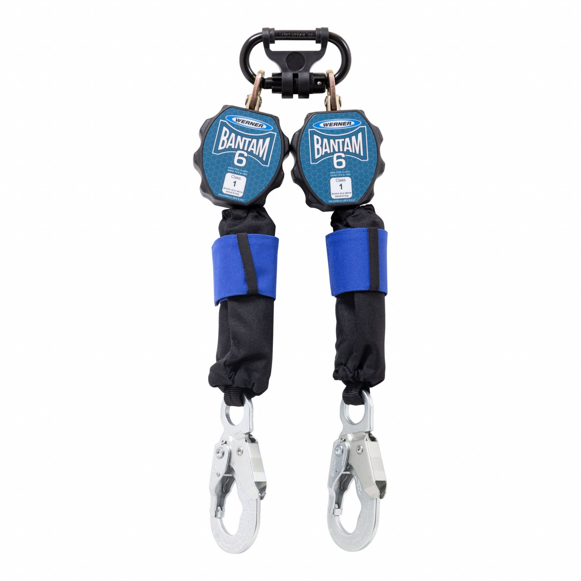 Self-Retracting Lifeline: Steel Snap Hook Anchor, Harness Steel Quick-Connect, 2 legs, Bantam