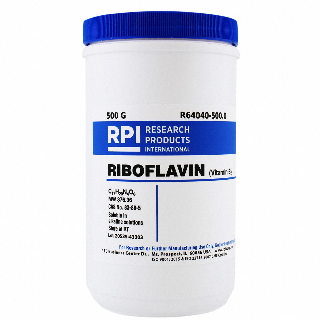Riboflavin (Vitamin B2): Lab, 500 g, 83-88-5, Reagent, Powder, 18 mo Shelf Life, 1