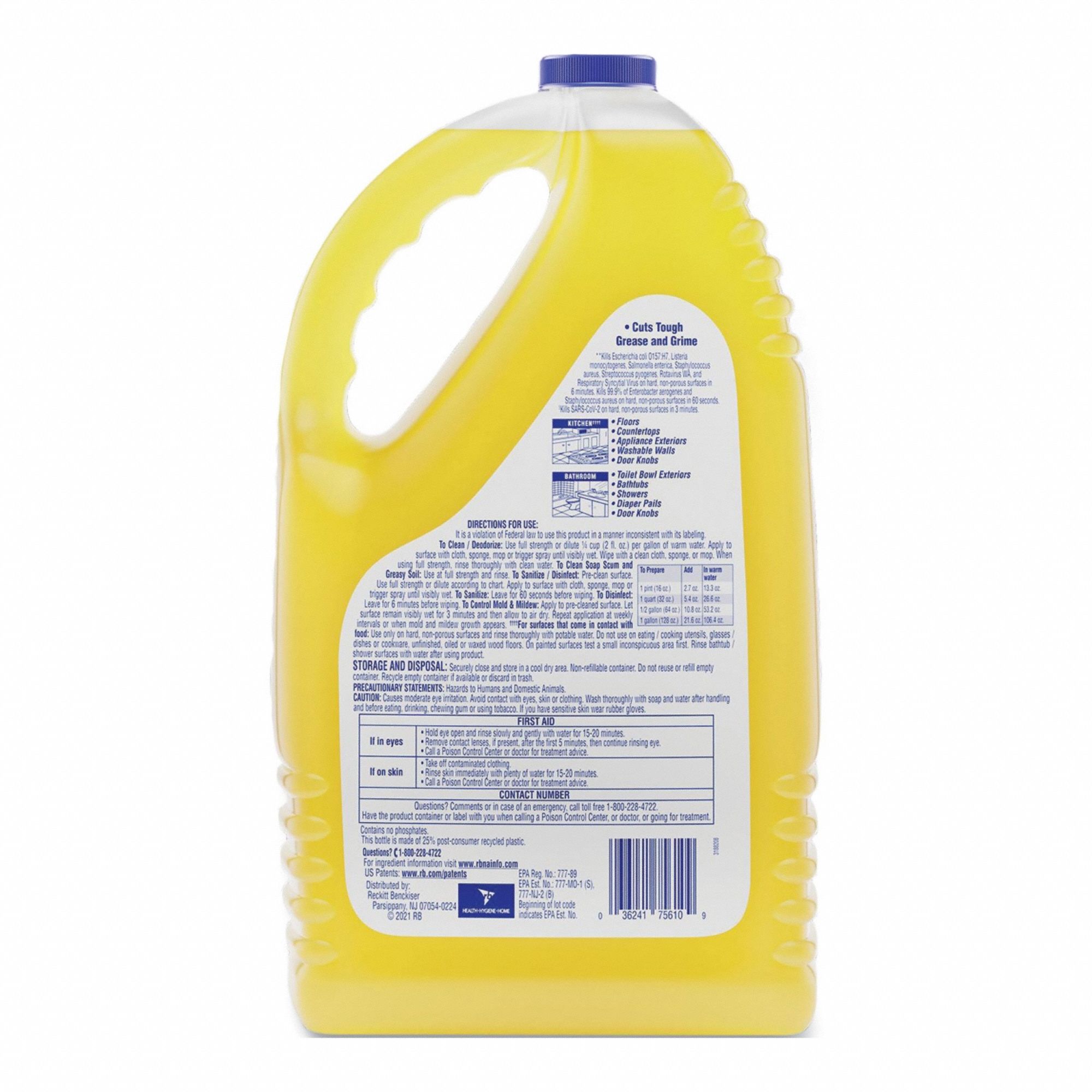 Disinfectant Cleaner: Jug, Ready to Use, Liquid, Quat, Lemon, No Series, 4 PK