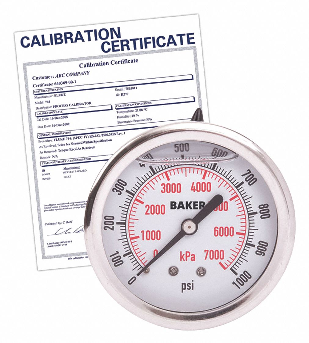 PRESSURE GAUGE, WITH NIST CERTIFICATE, BACK MOUNT, GLYCERIN-FILLED, 0-1000 PSI, SILVER