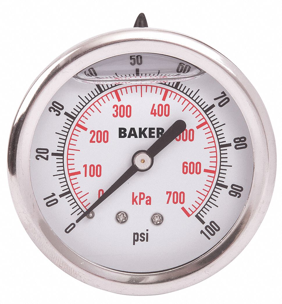 PRESSURE GAUGE, BACK MOUNT, GLYCERIN-FILLED, 0-100 PSI, SILVER, 2 1/2 IN, 1/4 IN MNPT