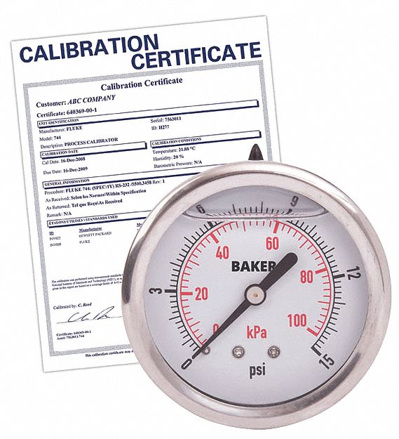 PRESSURE GAUGE, WITH NIST CERTIFICATE, BACK MOUNT, GLYCERIN-FILLED, 0-15 PSI, SILVER