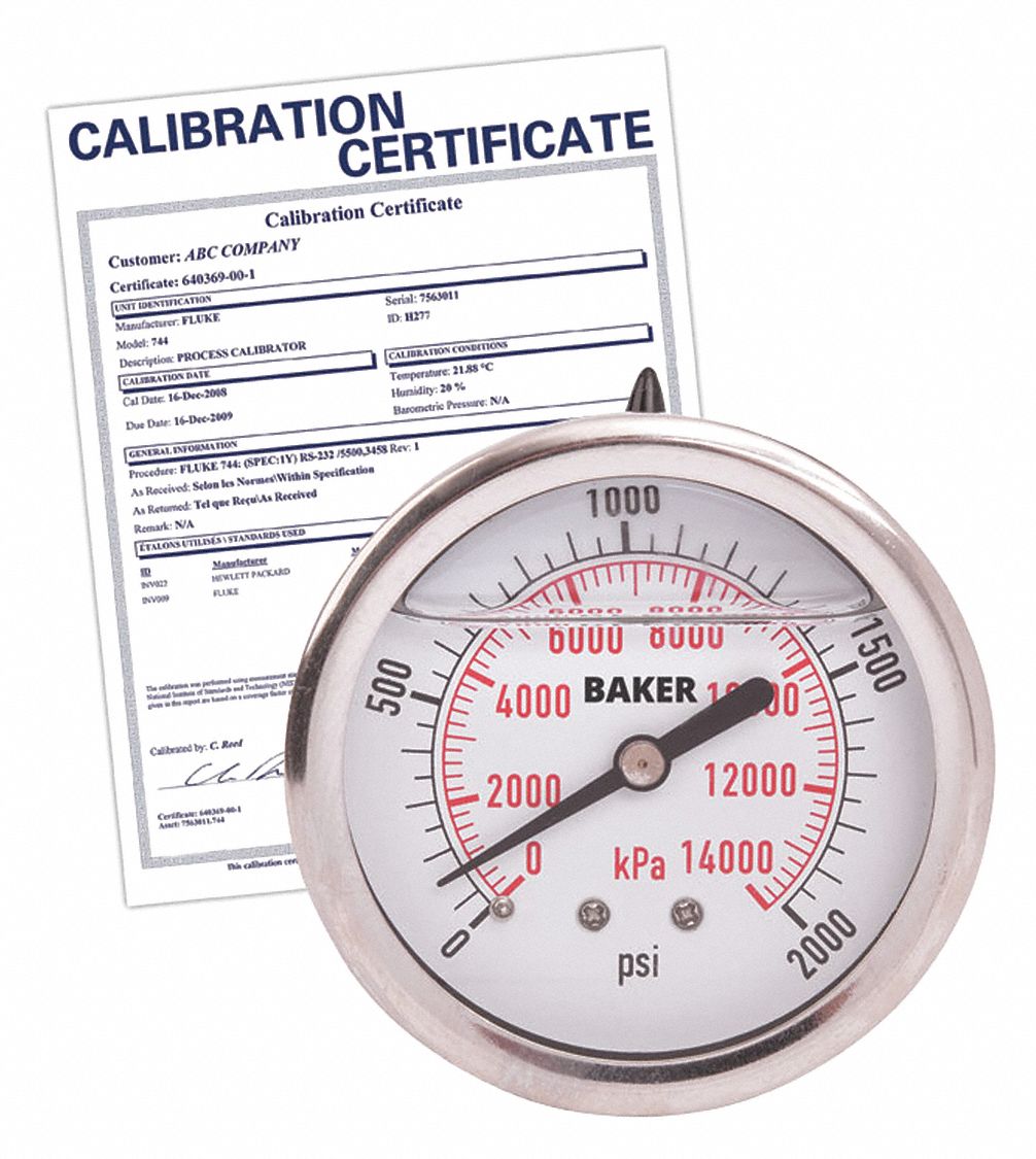 PRESSURE GAUGE, WITH NIST CERTIFICATE, BACK MOUNT, GLYCERIN-FILLED, 0-2000 PSI, SILVER
