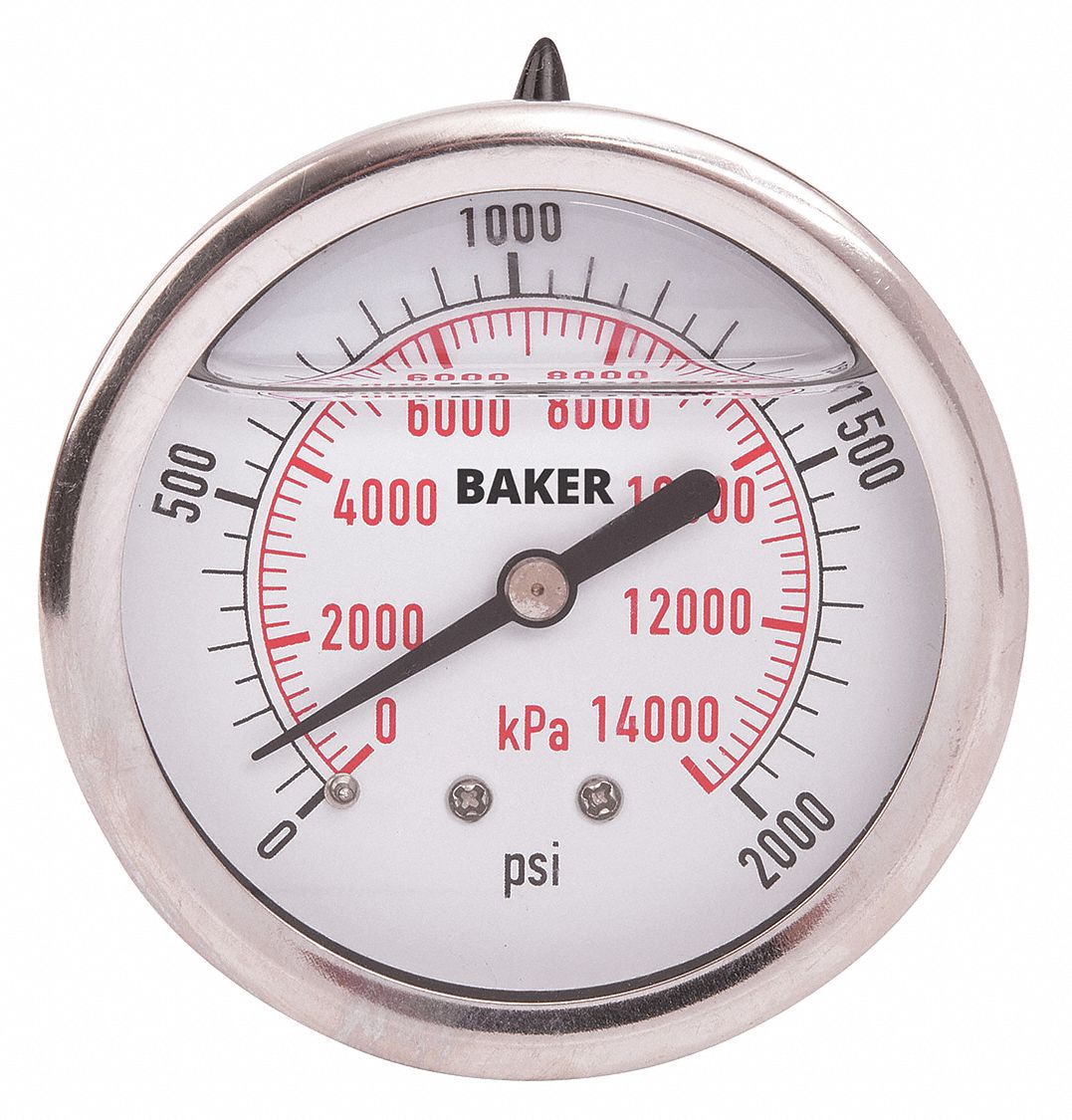 PRESSURE GAUGE, BACK MOUNT, GLYCERIN-FILLED, 0-2000 PSI, SILVER, 2 1/2 IN, 1/4 IN MNPT