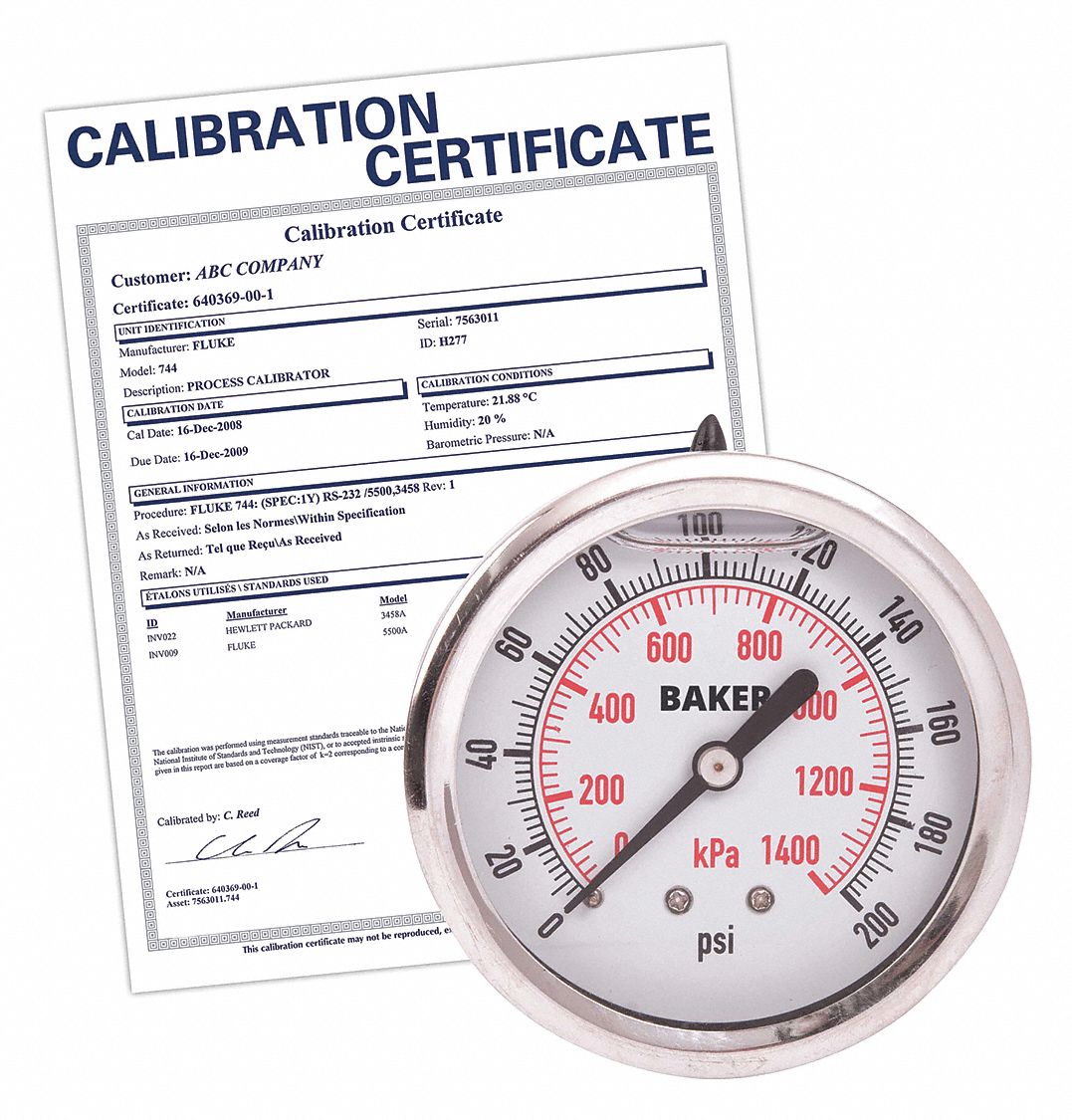 PRESSURE GAUGE, WITH NIST CERTIFICATE, BACK MOUNT, GLYCERIN-FILLED, 0-200 PSI, SILVER