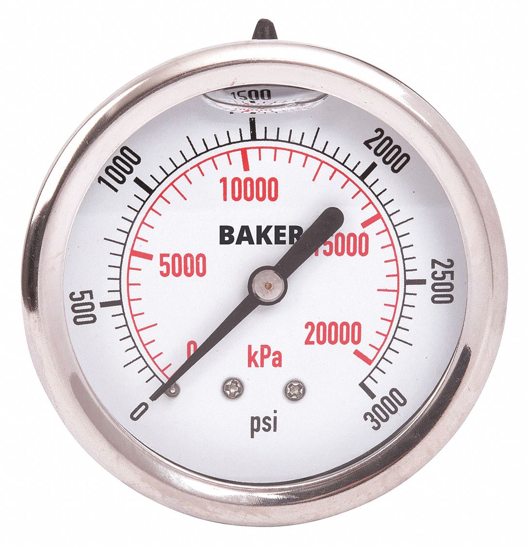 PRESSURE GAUGE, BACK MOUNT, GLYCERIN-FILLED, 0-3000 PSI, SILVER, 2 1/2 IN, 1/4 IN MNPT