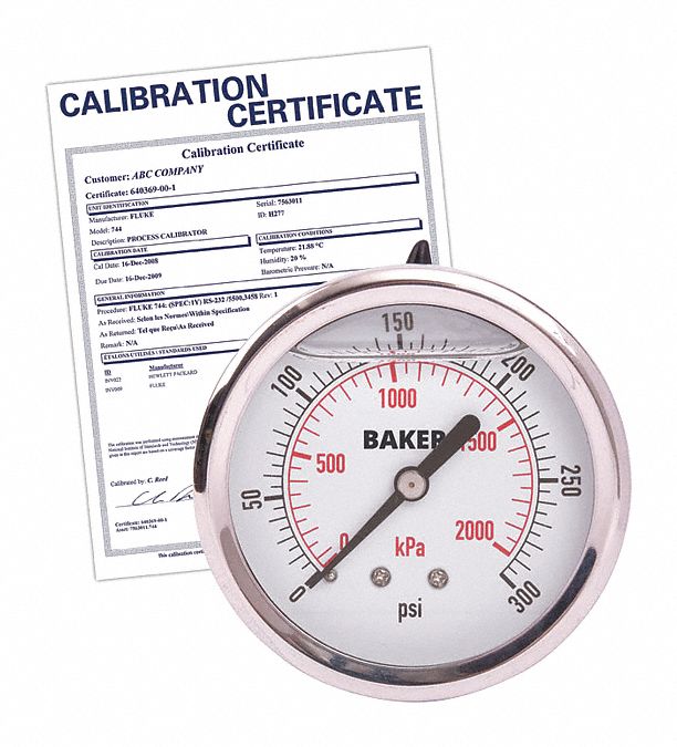 MANOMÈTRE,A/ CERTIFICAT NIST,MONTAGE ARRIÈRE,REMPLI DE GLYCÉRINE,0-300LB/PO2,ARG