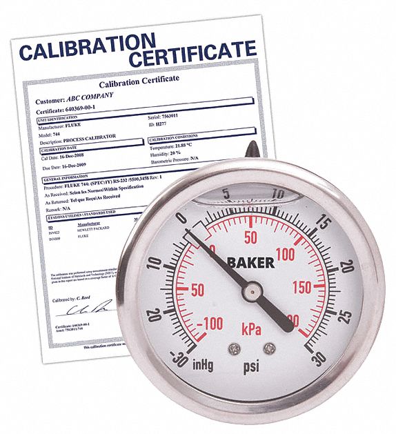 PRESSURE GAUGE, WITH NIST CERTIFICATE, BACK MOUNT, GLYCERIN-FILLED, 30 IN HG TO 0-30 PSI