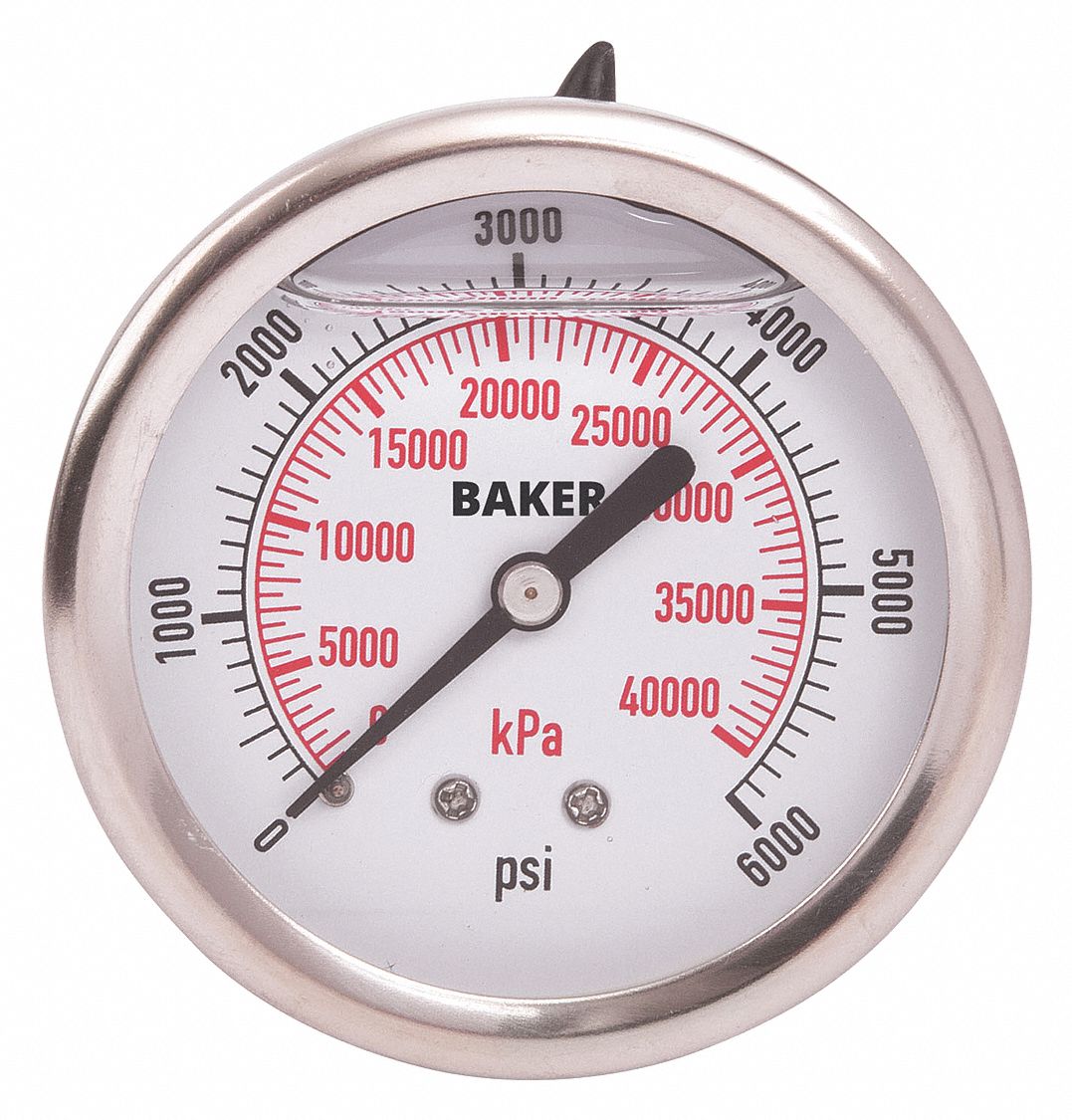 PRESSURE GAUGE, BACK MOUNT, GLYCERIN-FILLED, 0-6000 PSI, SILVER, 2 1/2 IN, 1/4 IN MNPT