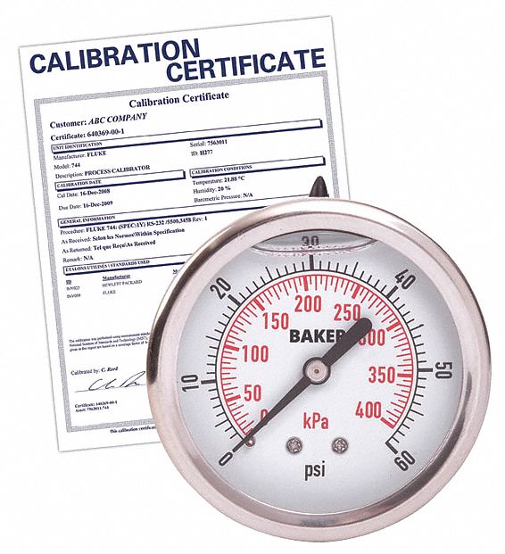 MANOMÈTRE,A/ CERTIFICAT NIST,MONTAGE ARRIÈRE,REMPLI DE GLYCÉRINE,0-60LB/PO2,ARG