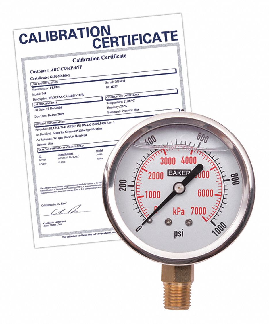 PRESSURE GAUGE, WITH NIST CERTIFICATE, BOTTOM MOUNT, GLYCERIN-FILLED, 0-1000 PSI, SILVER