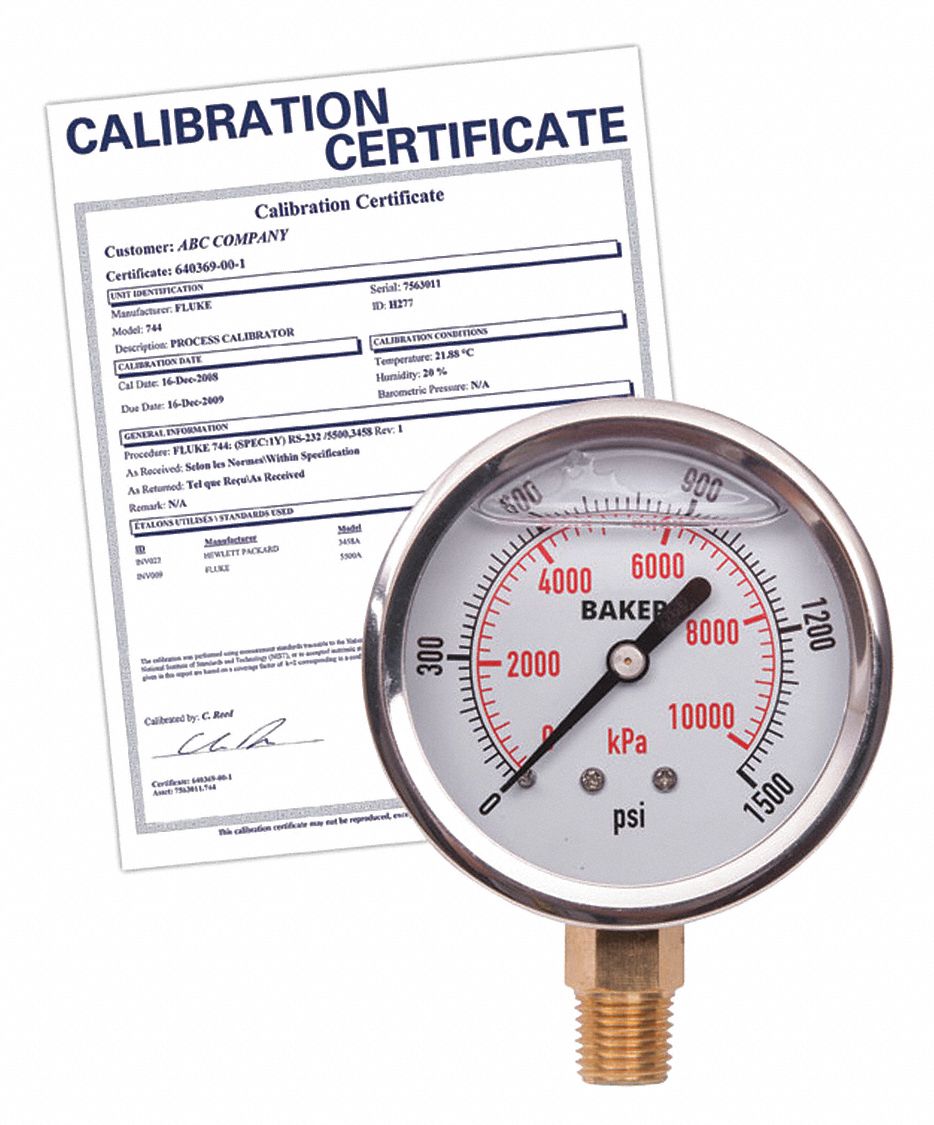 PRESSURE GAUGE, WITH NIST CERTIFICATE, BOTTOM MOUNT, GLYCERIN-FILLED, 0-1500 PSI, SILVER