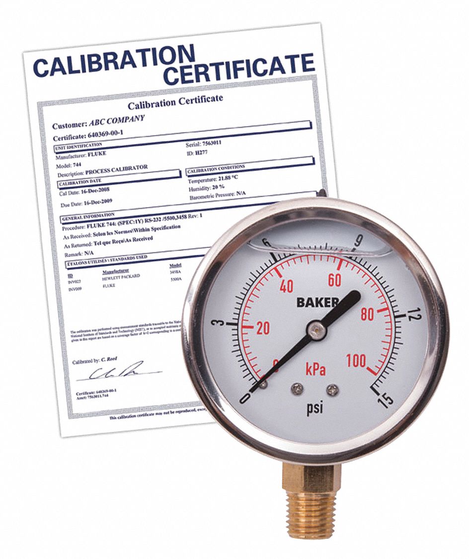 PRESSURE GAUGE, WITH NIST CERTIFICATE, BOTTOM MOUNT, GLYCERIN-FILLED, 0-15 PSI, SILVER