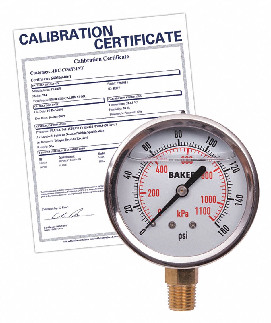 PRESSURE GAUGE, WITH NIST CERTIFICATE, BOTTOM MOUNT, GLYCERIN-FILLED, 0-160 PSI, SILVER