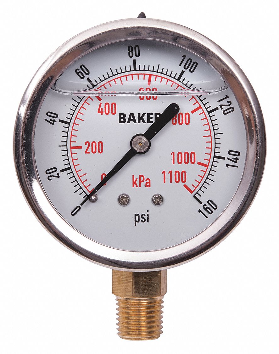 PRESSURE GAUGE, BOTTOM MOUNT, GLYCERIN-FILLED, 0-160 PSI, SILVER, 2 1/2 IN, 1/4 IN MNPT