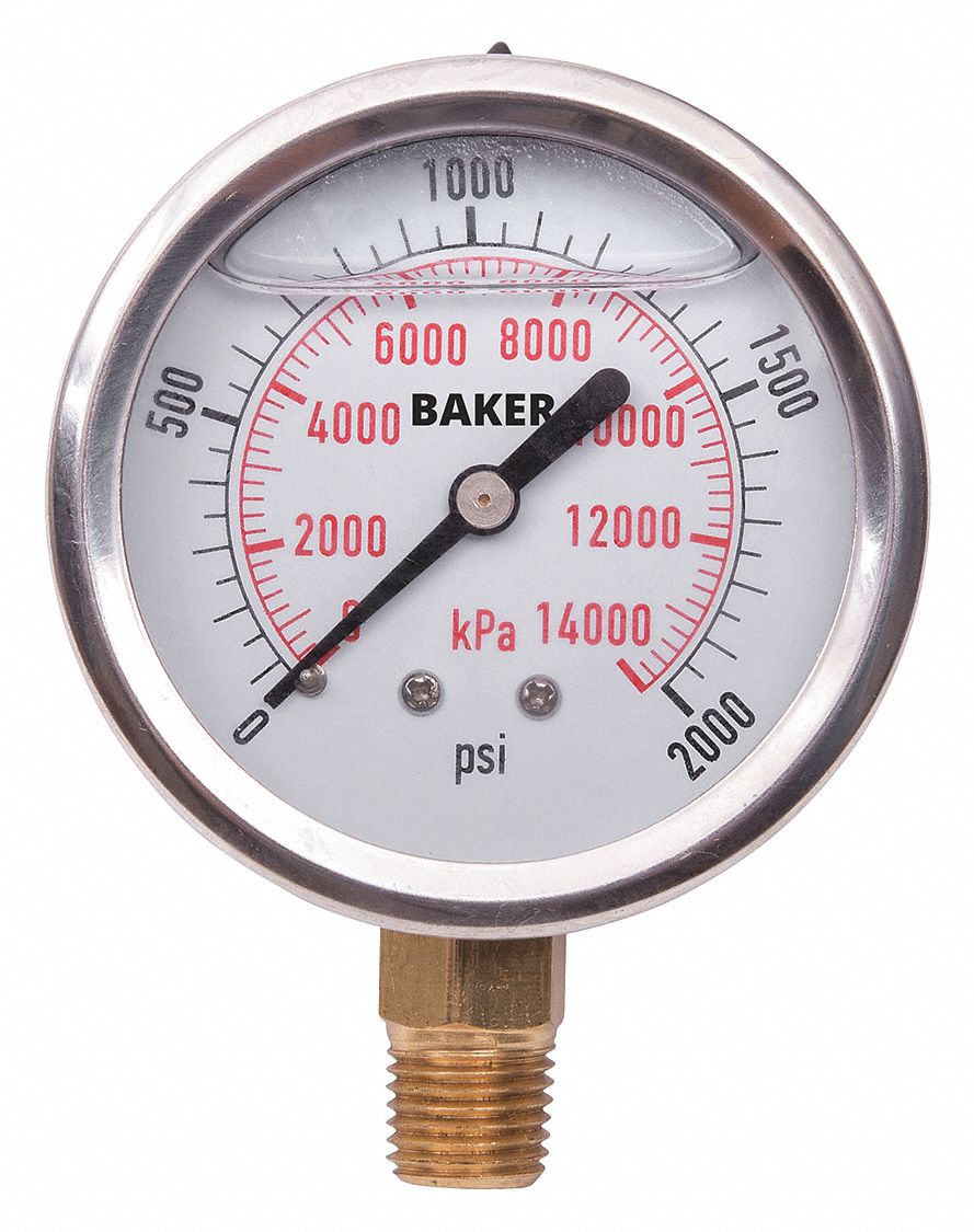 PRESSURE GAUGE, BOTTOM MOUNT, GLYCERIN-FILLED, 0-2000 PSI, SILVER, 2 1/2 IN, 1/4 IN MNPT