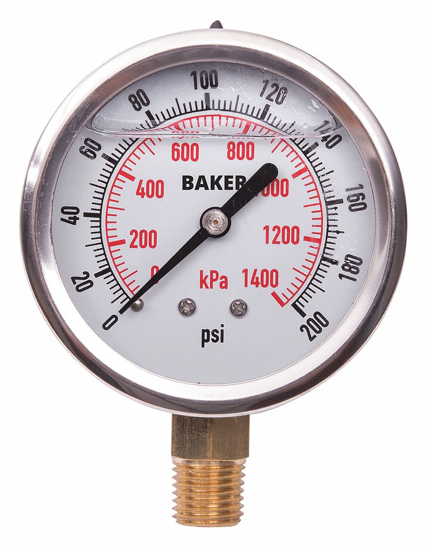 PRESSURE GAUGE, BOTTOM MOUNT, GLYCERIN-FILLED, 0-200 PSI, SILVER, 2 1/2 IN, 1/4 IN MNPT