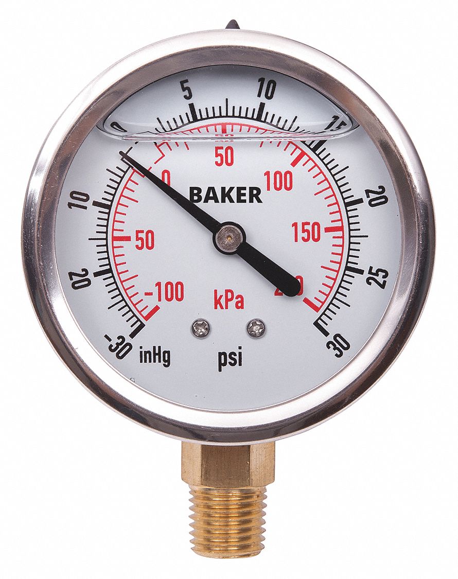 PRESSURE GAUGE, BOTTOM MOUNT, GLYCERIN-FILLED, 30 IN HG TO 0-30 PSI, SILVER, 2 1/2 IN