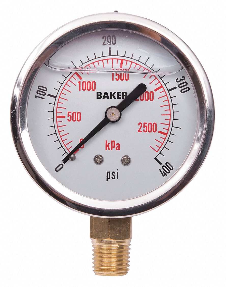 PRESSURE GAUGE, BOTTOM MOUNT, GLYCERIN-FILLED, 0-400 PSI, SILVER, 2 1/2 IN, 1/4 IN MNPT