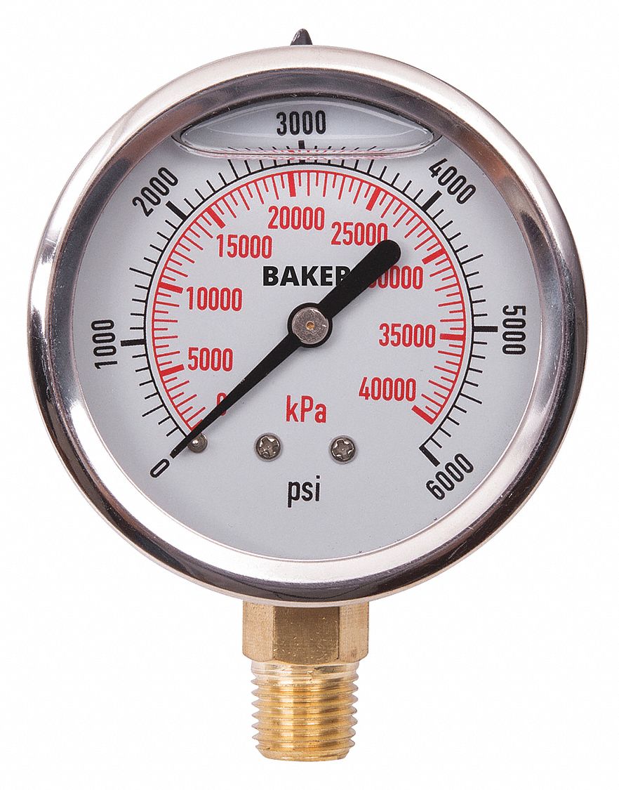 PRESSURE GAUGE, BOTTOM MOUNT, GLYCERIN-FILLED, 0-6000 PSI, SILVER, 2 1/2 IN, 1/4 IN MNPT