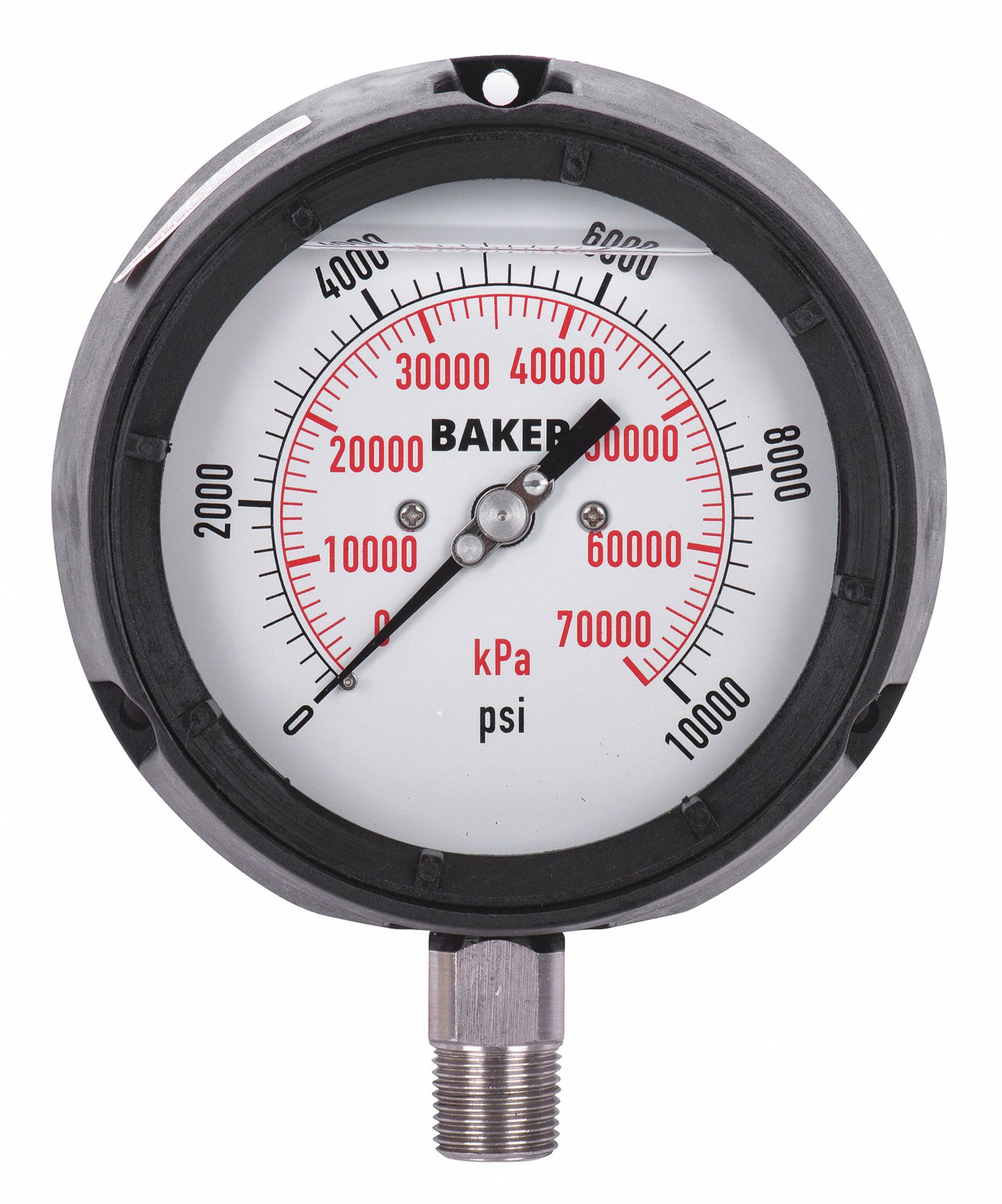 PRESSURE GAUGE, BOTTOM MOUNT, SILICONE-FILLED, 0-10000 PSI, BLACK, 4 1/2 IN, 1/2 IN MNPT