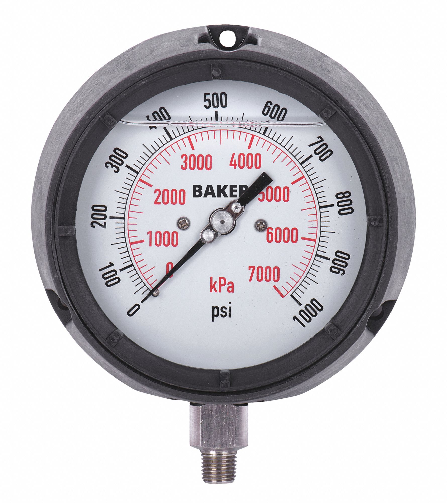 PRESSURE GAUGE, BOTTOM MOUNT, SILICONE-FILLED, 0-1000 PSI, BLACK, 4 1/2 IN, 1/2 IN MNPT
