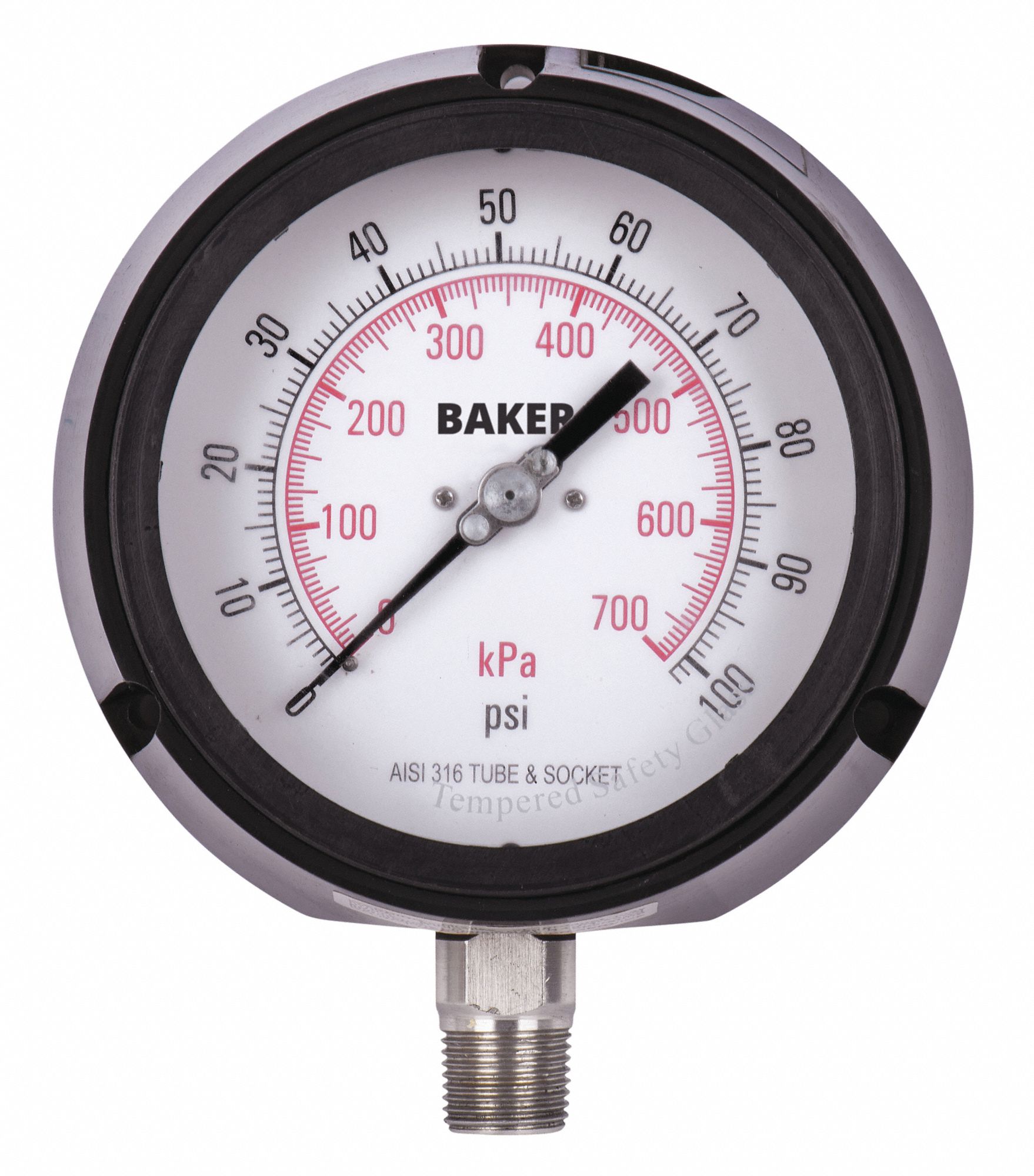 MANOMÈTRE,A/ CERTIFICAT NIST,MONTAGE PAR LE BAS,0-100LB/PO2,NR,1/2 PO MNPT