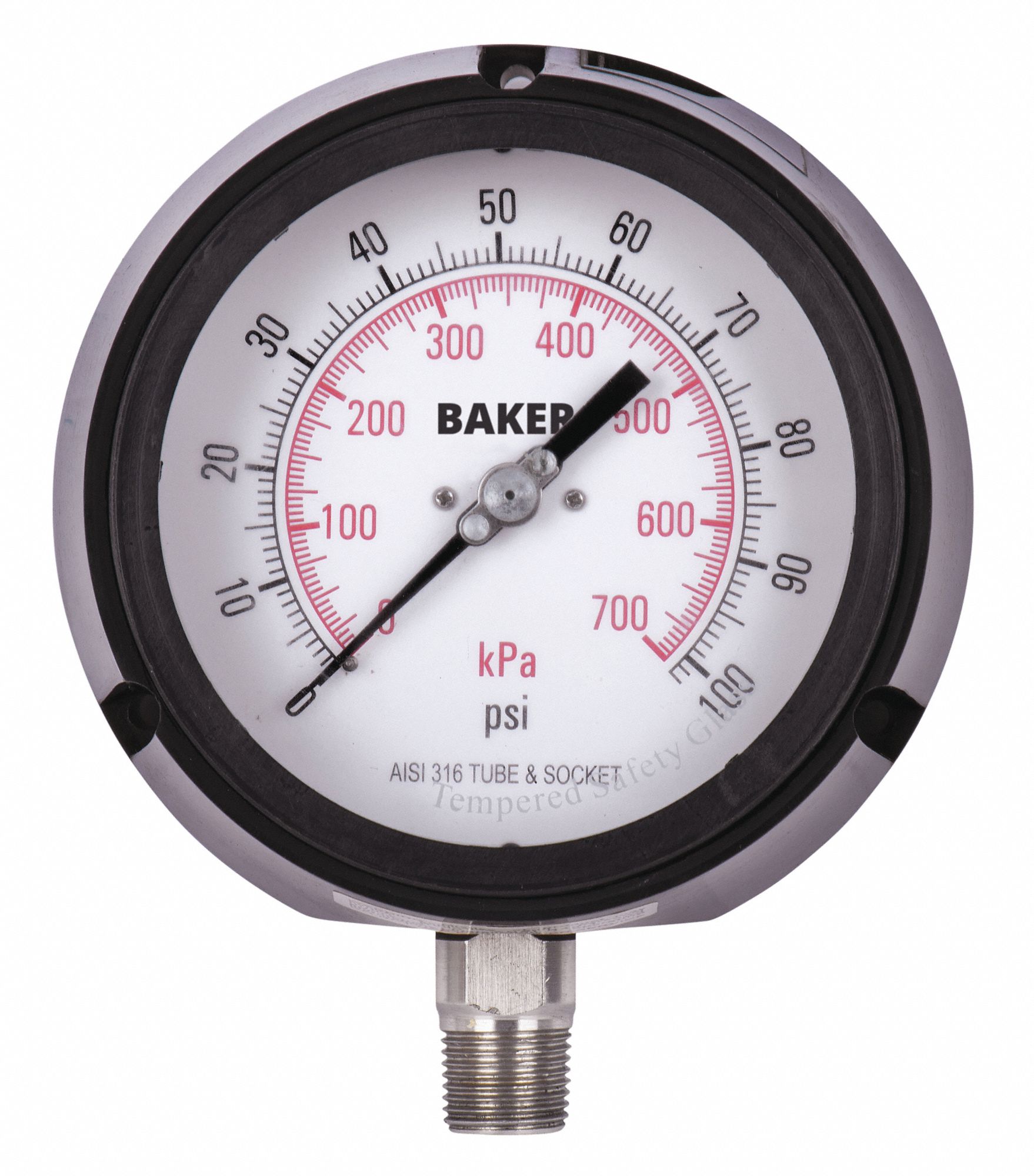 PRESSURE GAUGE, WITH NIST CERTIFICATE, BOTTOM MOUNT, 0-100 PSI, BLACK, 1/2 IN MNPT