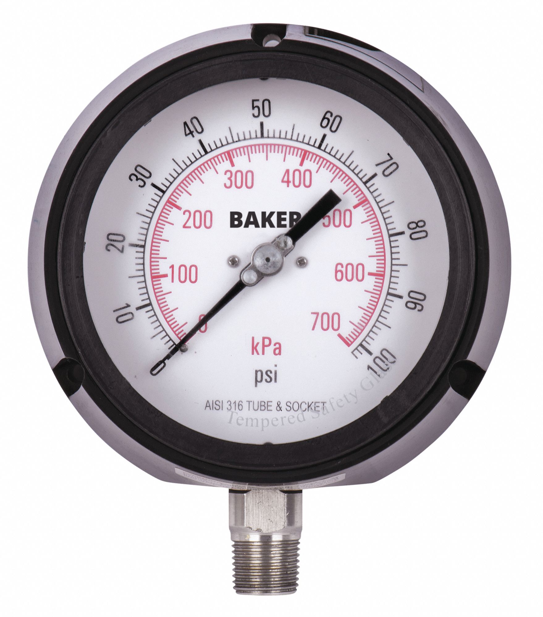 PRESSURE GAUGE, BOTTOM MOUNT, SILICONE-FILLED, 0-100 PSI, BLACK, 4 1/2 IN, 1/4 IN MNPT