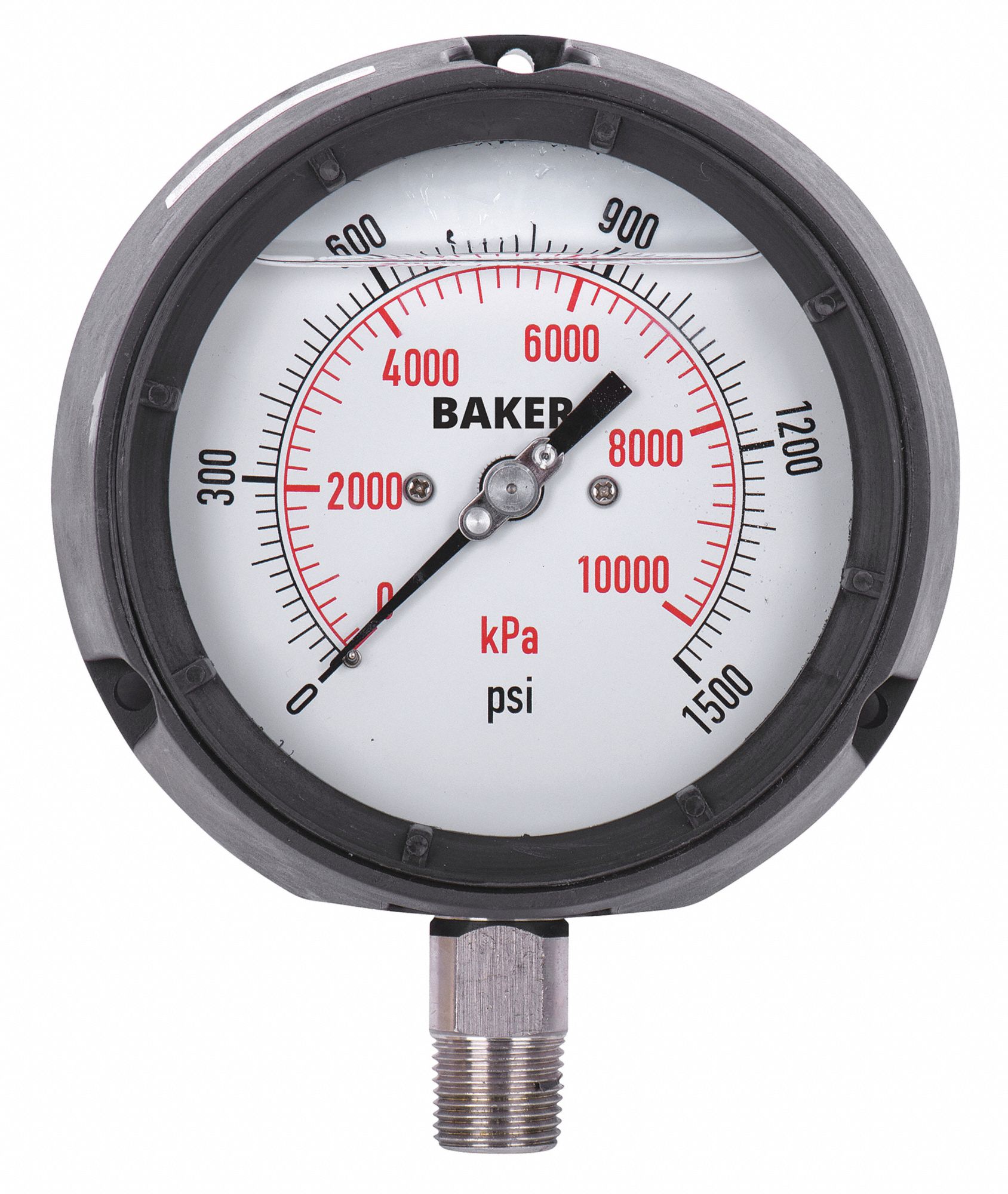 PRESSURE GAUGE, BOTTOM MOUNT, SILICONE-FILLED, 0-1500 PSI, BLACK, 4 1/2 IN, 1/2 IN MNPT