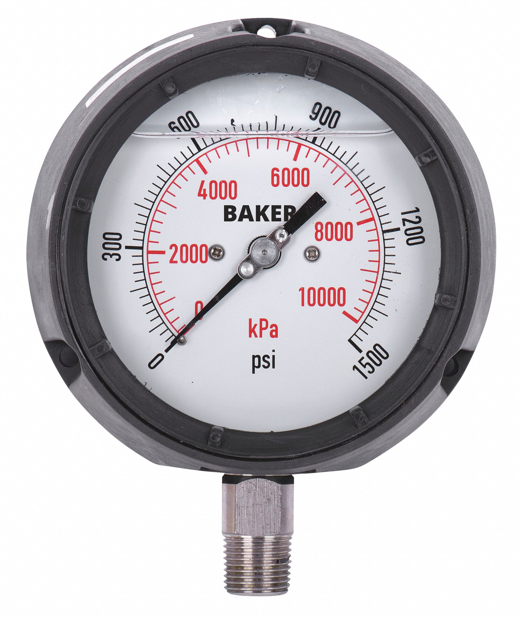 PRESSURE GAUGE, WITH NIST CERTIFICATE, BOTTOM MOUNT, 0-1500 PSI, BLACK, 1/2 IN MNPT