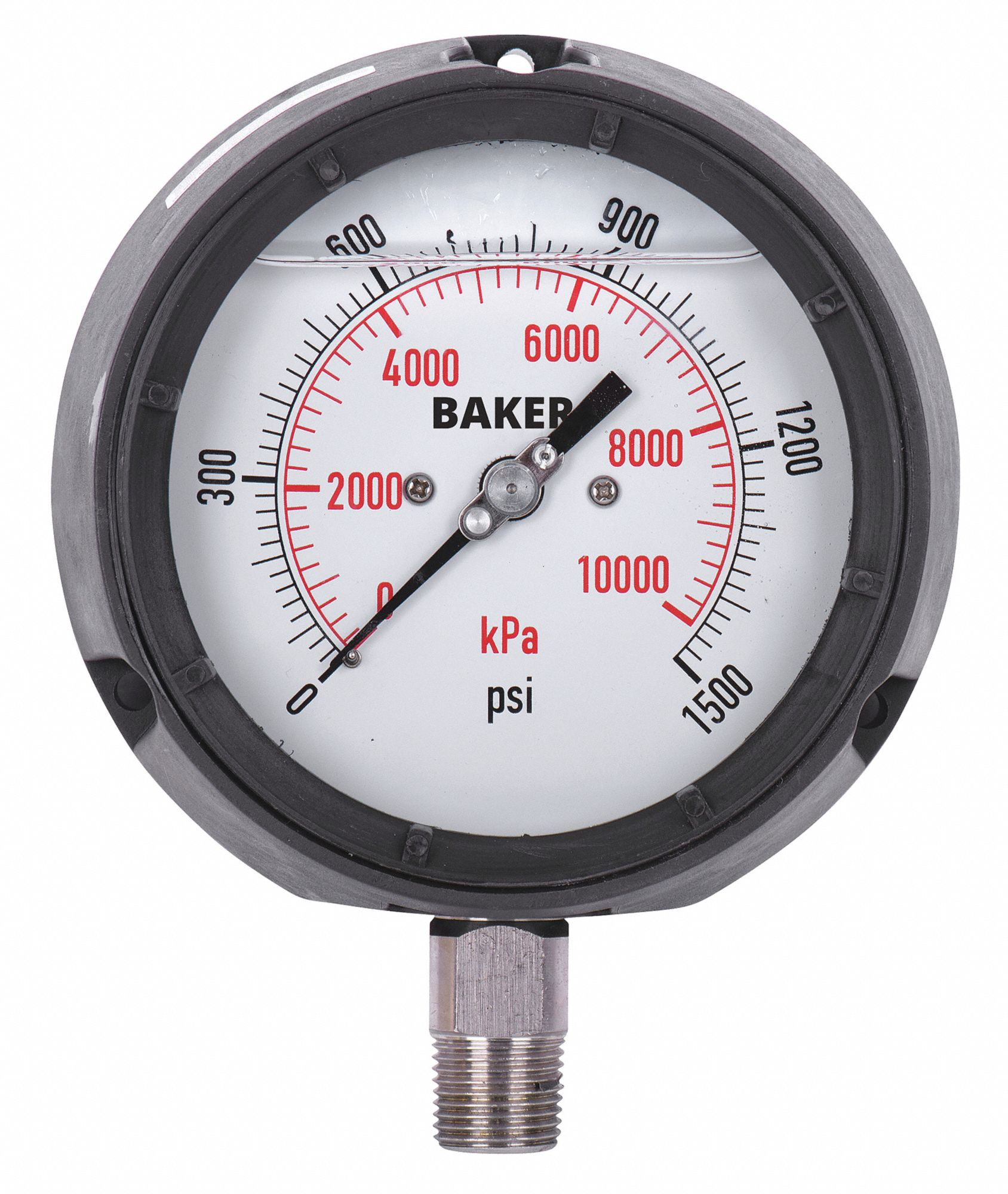 PRESSURE GAUGE, WITH NIST CERTIFICATE, BOTTOM MOUNT, 0-1500 PSI, BLACK, 1/4 IN MNPT