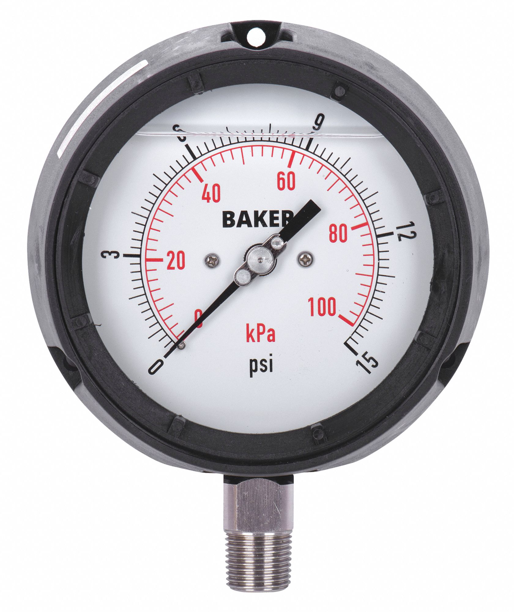 PRESSURE GAUGE, BOTTOM MOUNT, SILICONE-FILLED, 0-15 PSI, BLACK, 4 1/2 IN, 1/2 IN MNPT