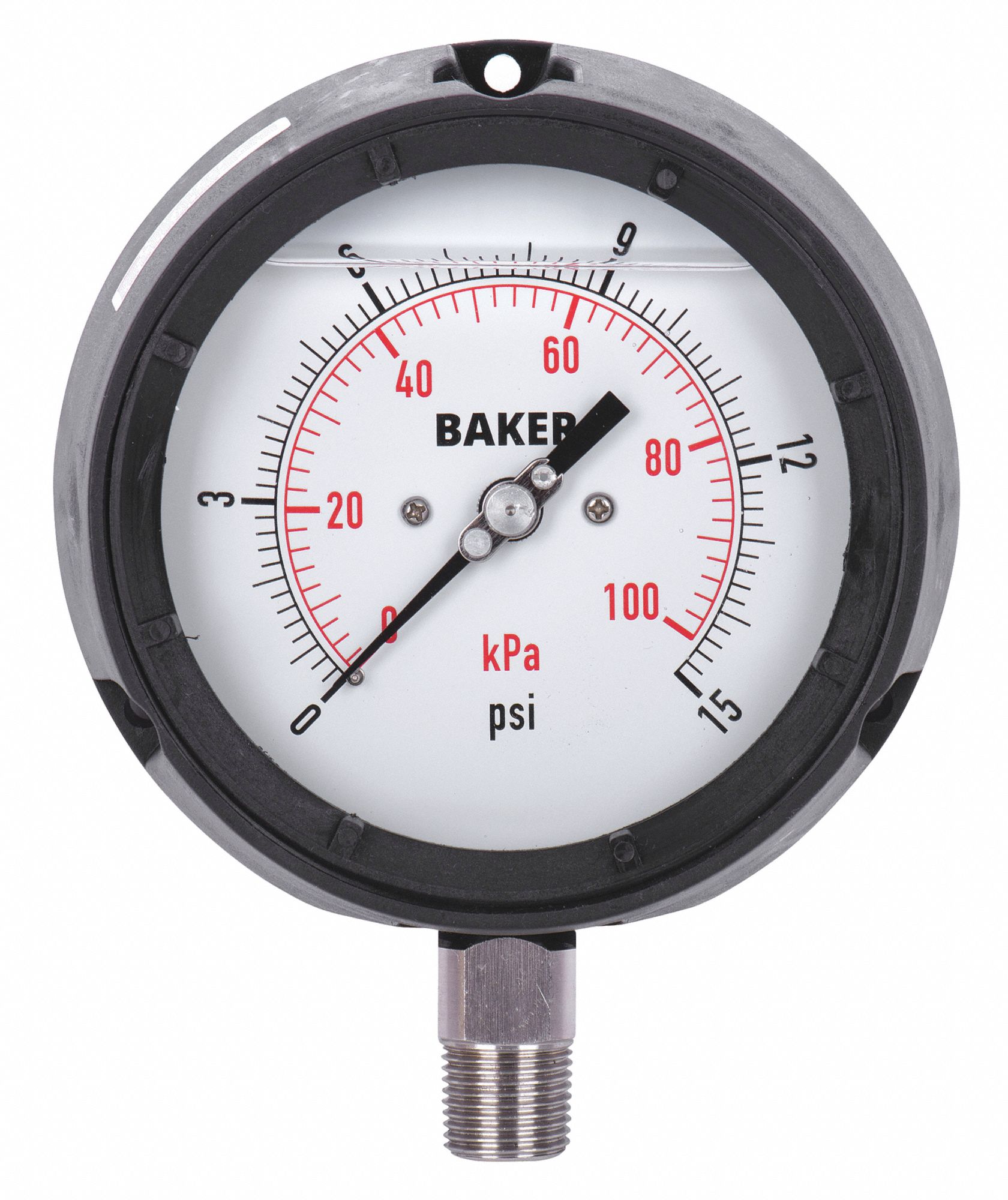 PRESSURE GAUGE, WITH NIST CERTIFICATE, BOTTOM MOUNT, 0-15 PSI, BLACK, 1/2 IN MNPT