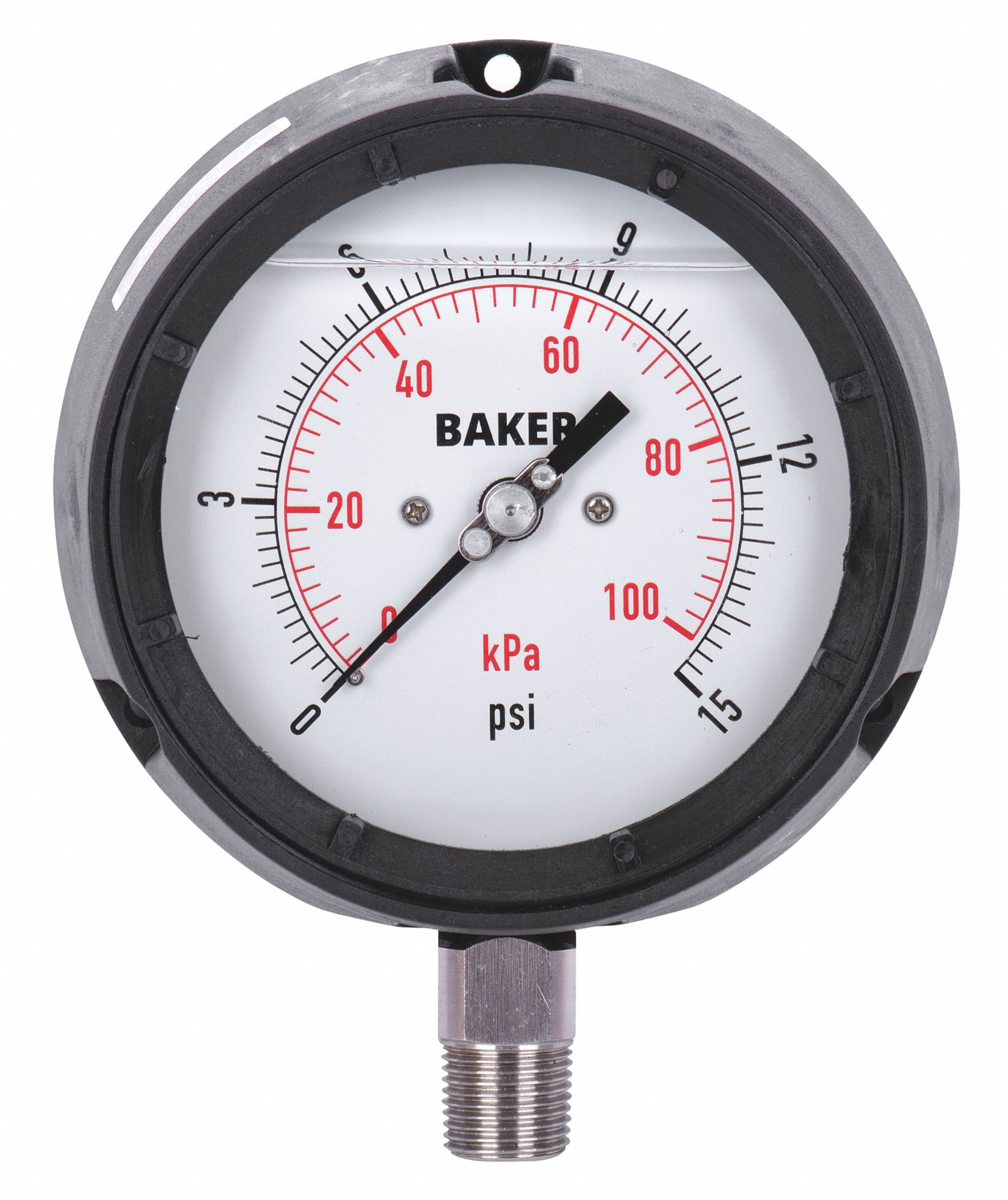 PRESSURE GAUGE, WITH NIST CERTIFICATE, BOTTOM MOUNT, 0-15 PSI, BLACK, 1/4 IN MNPT