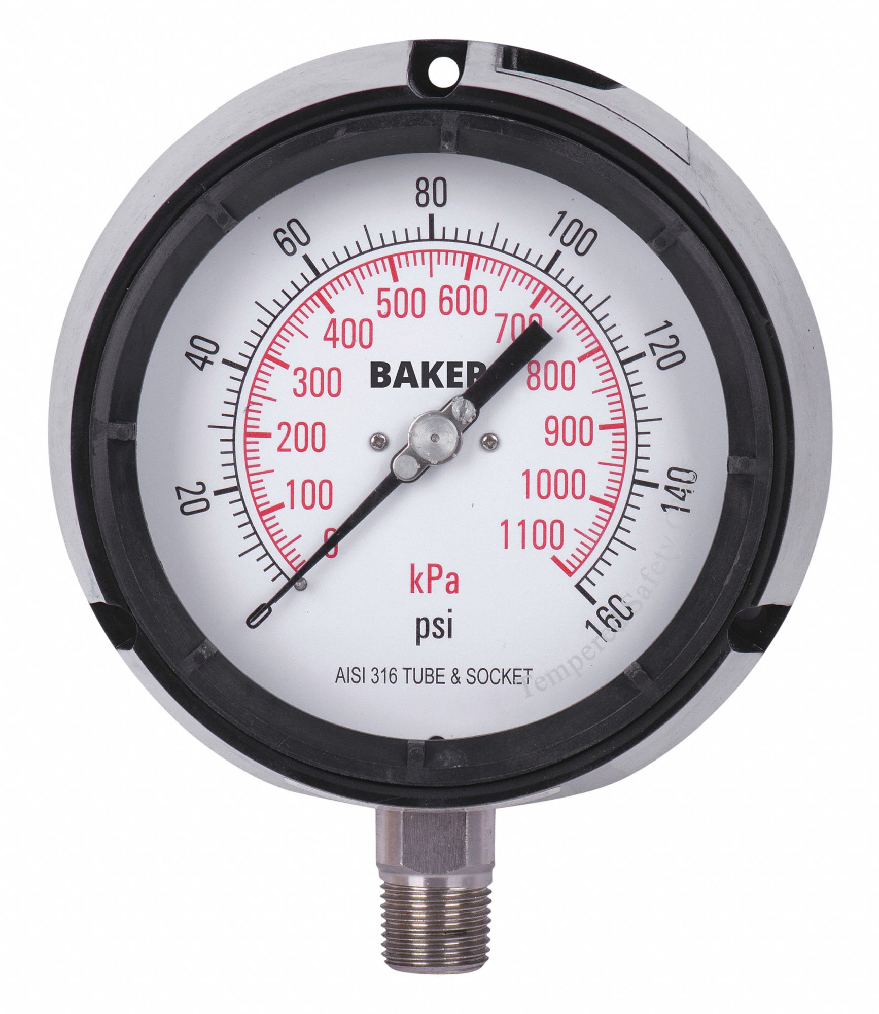 PRESSURE GAUGE, WITH NIST CERTIFICATE, BOTTOM MOUNT, 0-160 PSI, BLACK, 1/2 IN MNPT