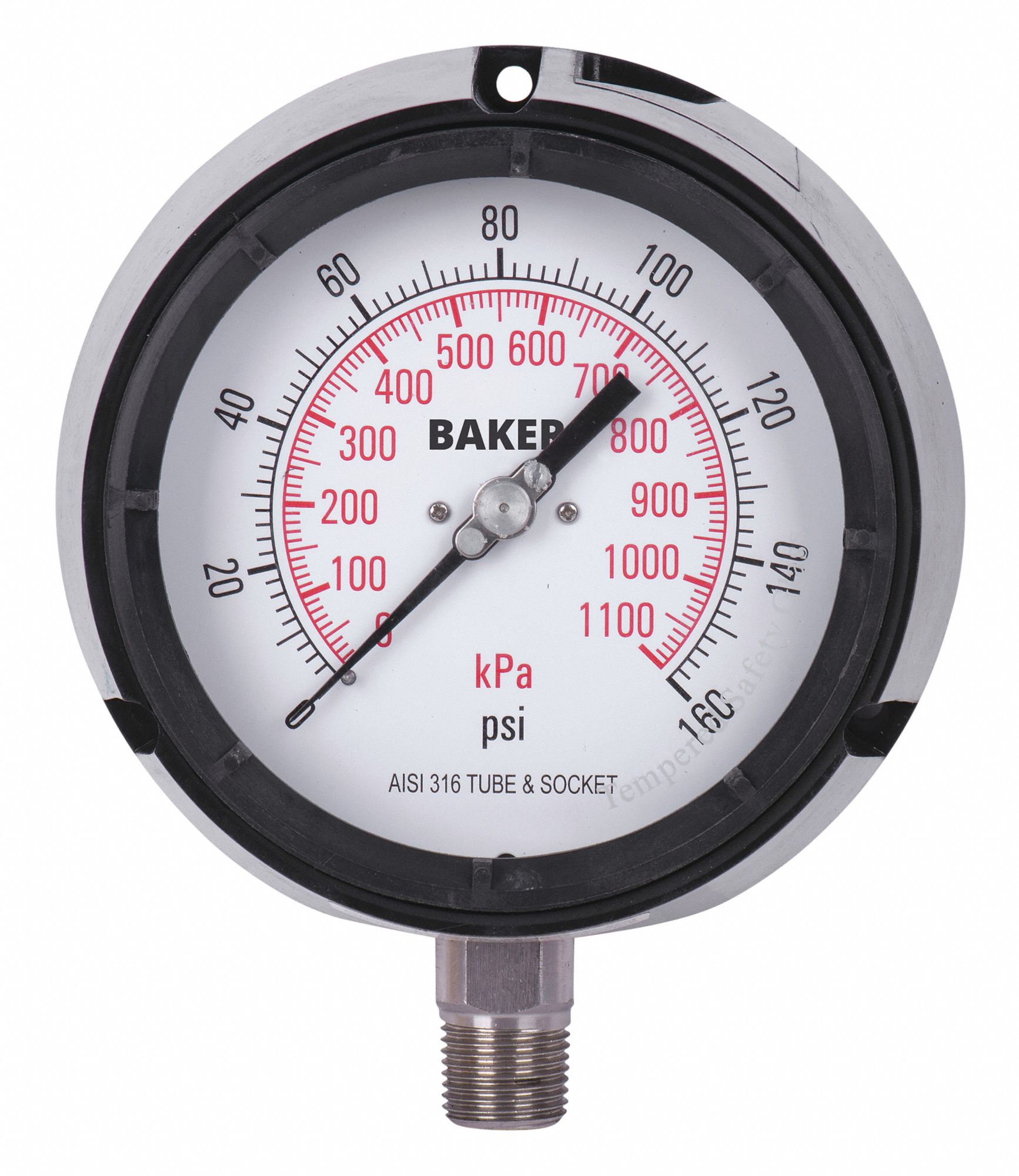 PRESSURE GAUGE, BOTTOM MOUNT, SILICONE-FILLED, 0-160 PSI, BLACK, 4 1/2 IN, 1/4 IN MNPT