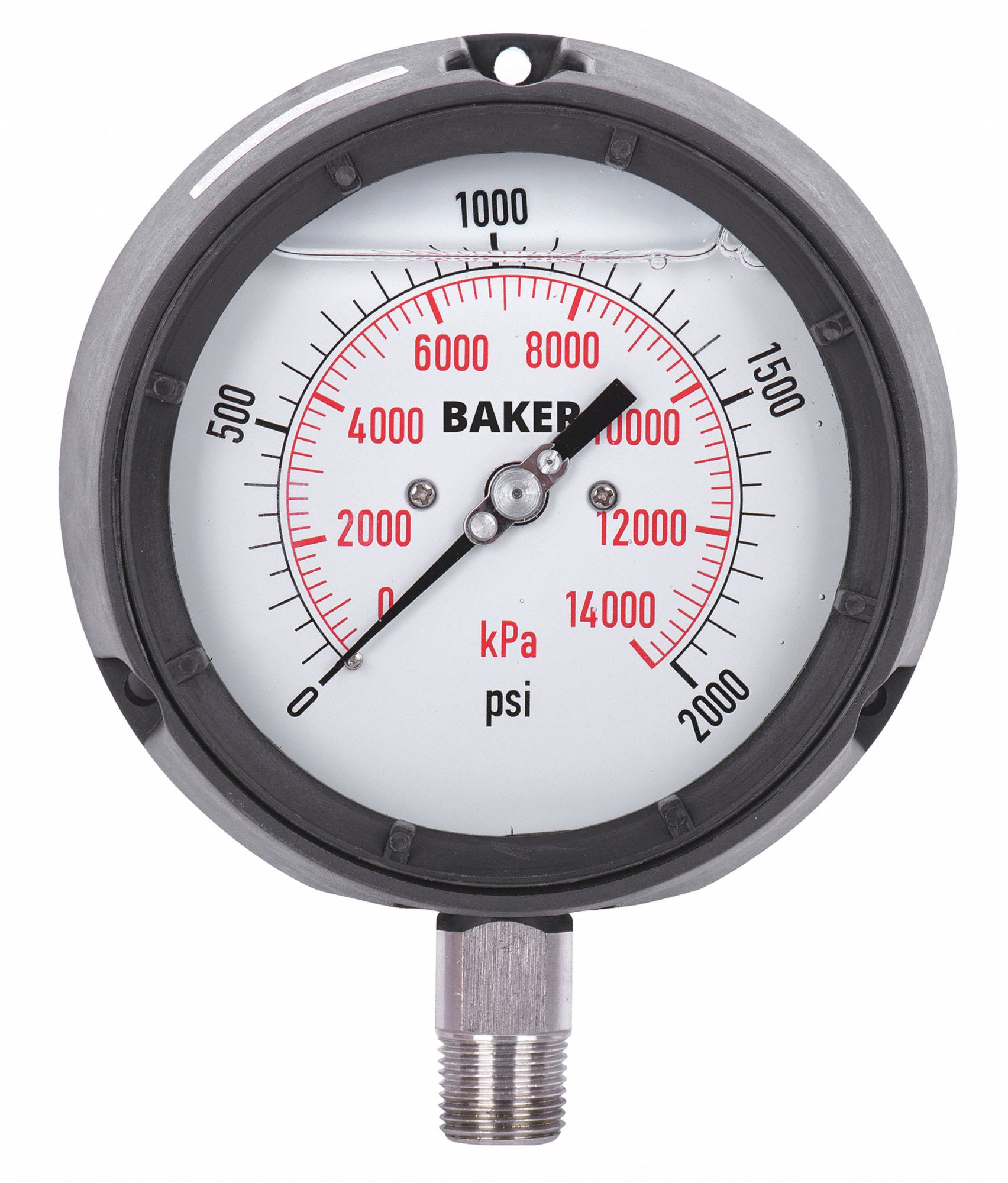 PRESSURE GAUGE, WITH NIST CERTIFICATE, BOTTOM MOUNT, 0-2000 PSI, BLACK, 1/2 IN MNPT