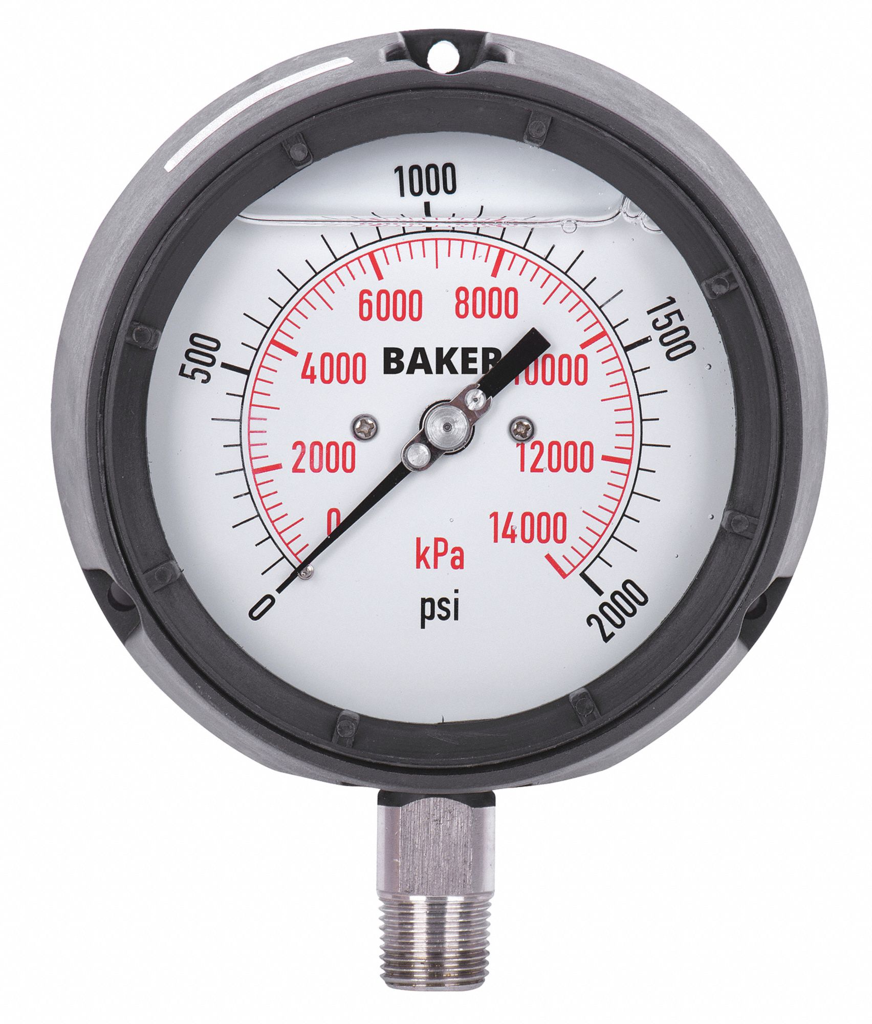 PRESSURE GAUGE, BOTTOM MOUNT, SILICONE-FILLED, 0-2000 PSI, BLACK, 4 1/2 IN, 1/4 IN MNPT