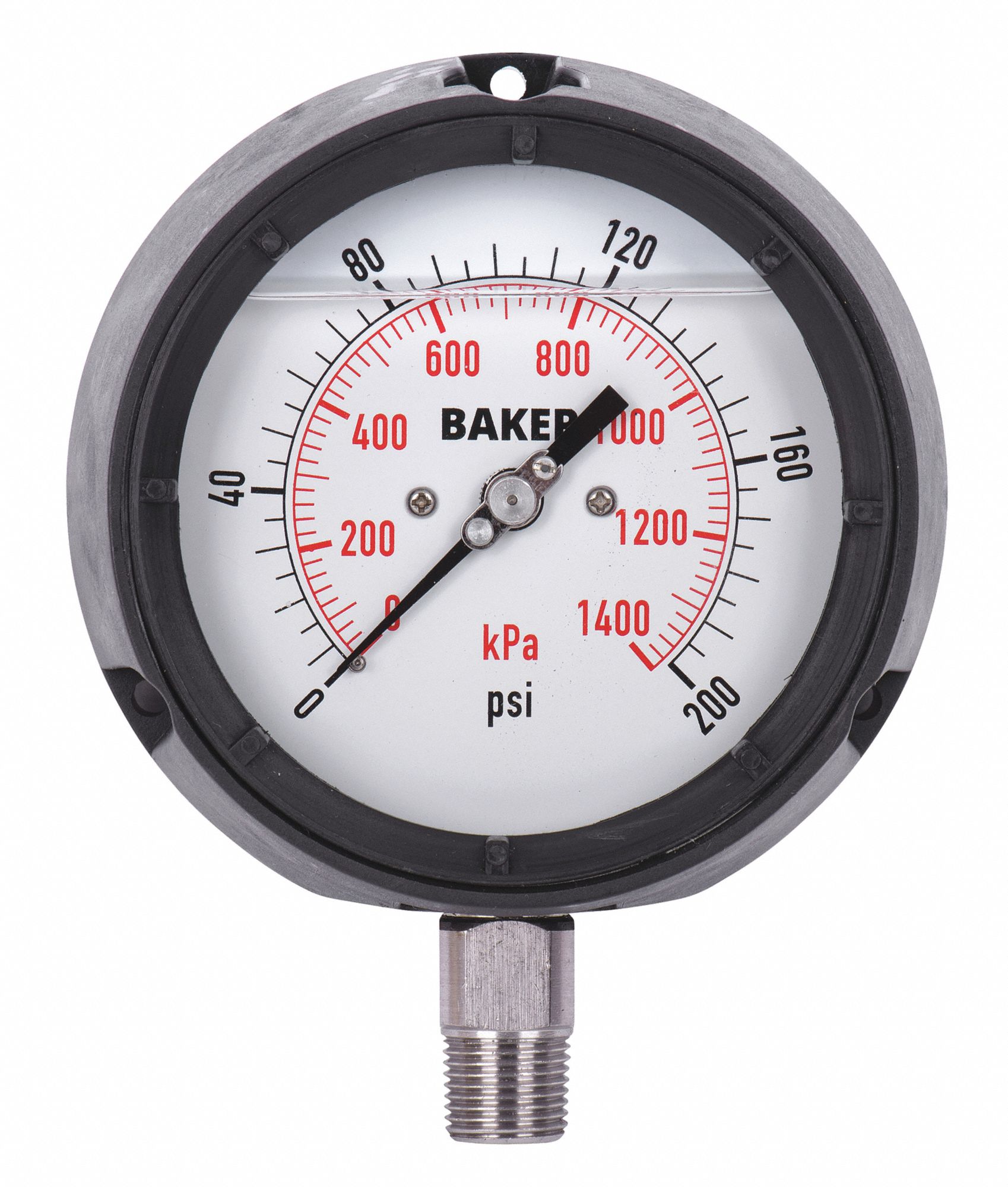 PRESSURE GAUGE, BOTTOM MOUNT, SILICONE-FILLED, 0-200 PSI, BLACK, 4 1/2 IN, 1/2 IN MNPT