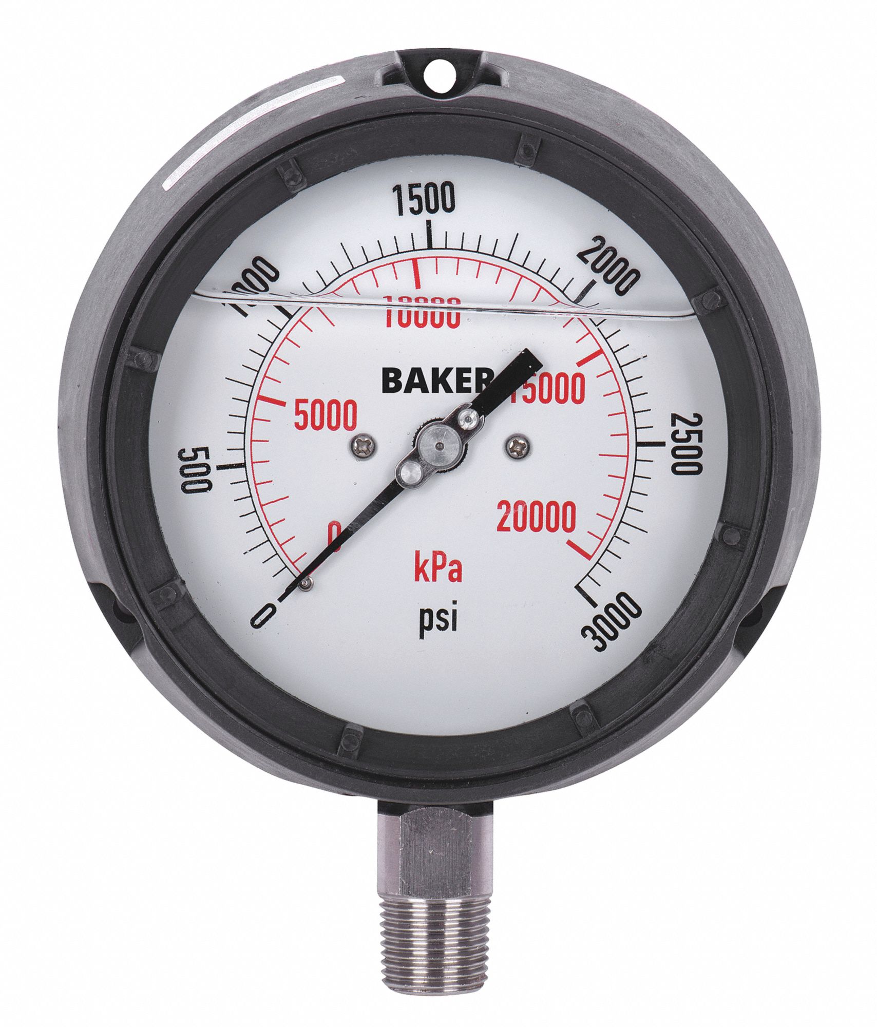 PRESSURE GAUGE, BOTTOM MOUNT, SILICONE-FILLED, 0-3000 PSI, BLACK, 4 1/2 IN, 1/2 IN MNPT