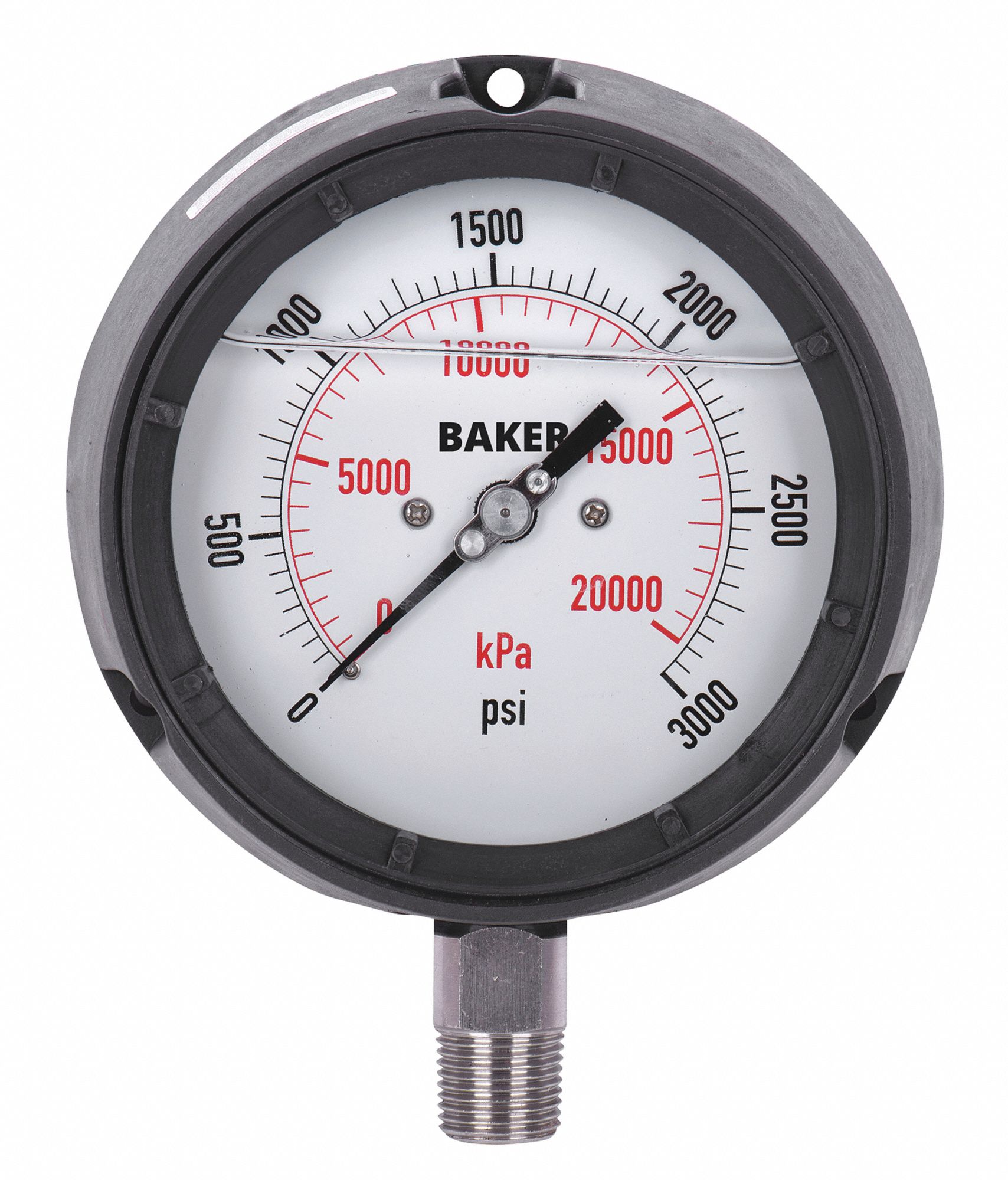 PRESSURE GAUGE, BOTTOM MOUNT, SILICONE-FILLED, 0-3000 PSI, BLACK, 4 1/2 IN, 1/4 IN MNPT