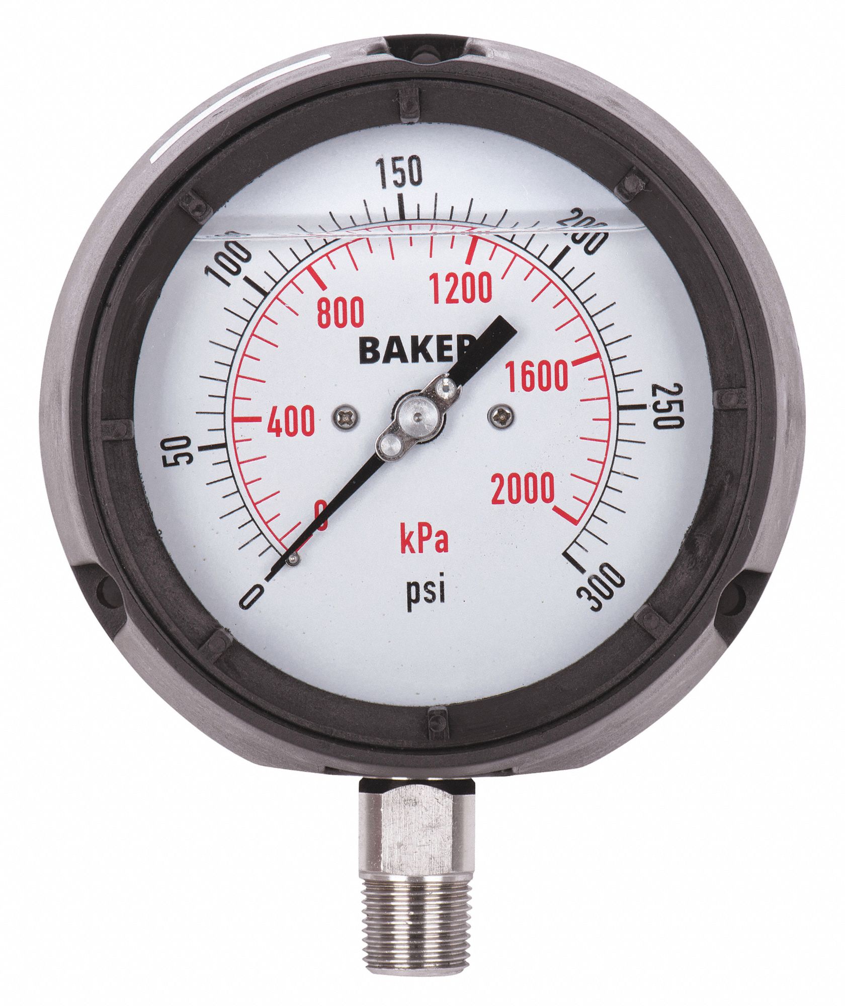 PRESSURE GAUGE, BOTTOM MOUNT, SILICONE-FILLED, 0-300 PSI, BLACK, 4 1/2 IN, 1/2 IN MNPT