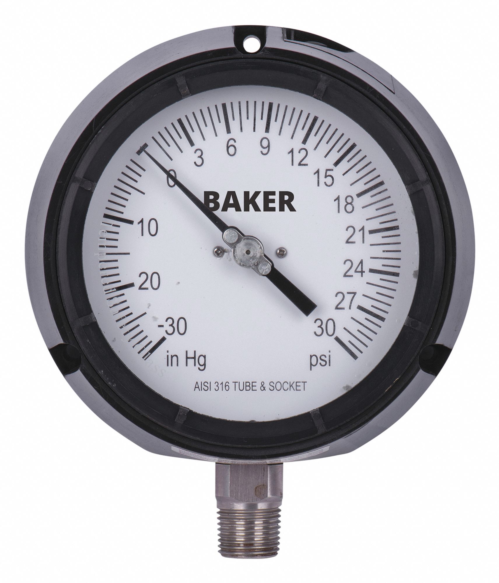 PRESSURE GAUGE, BOTTOM MOUNT, SILICONE-FILLED, 30 IN HG TO 0-30 PSI, BLACK, 1/2 IN MNPT