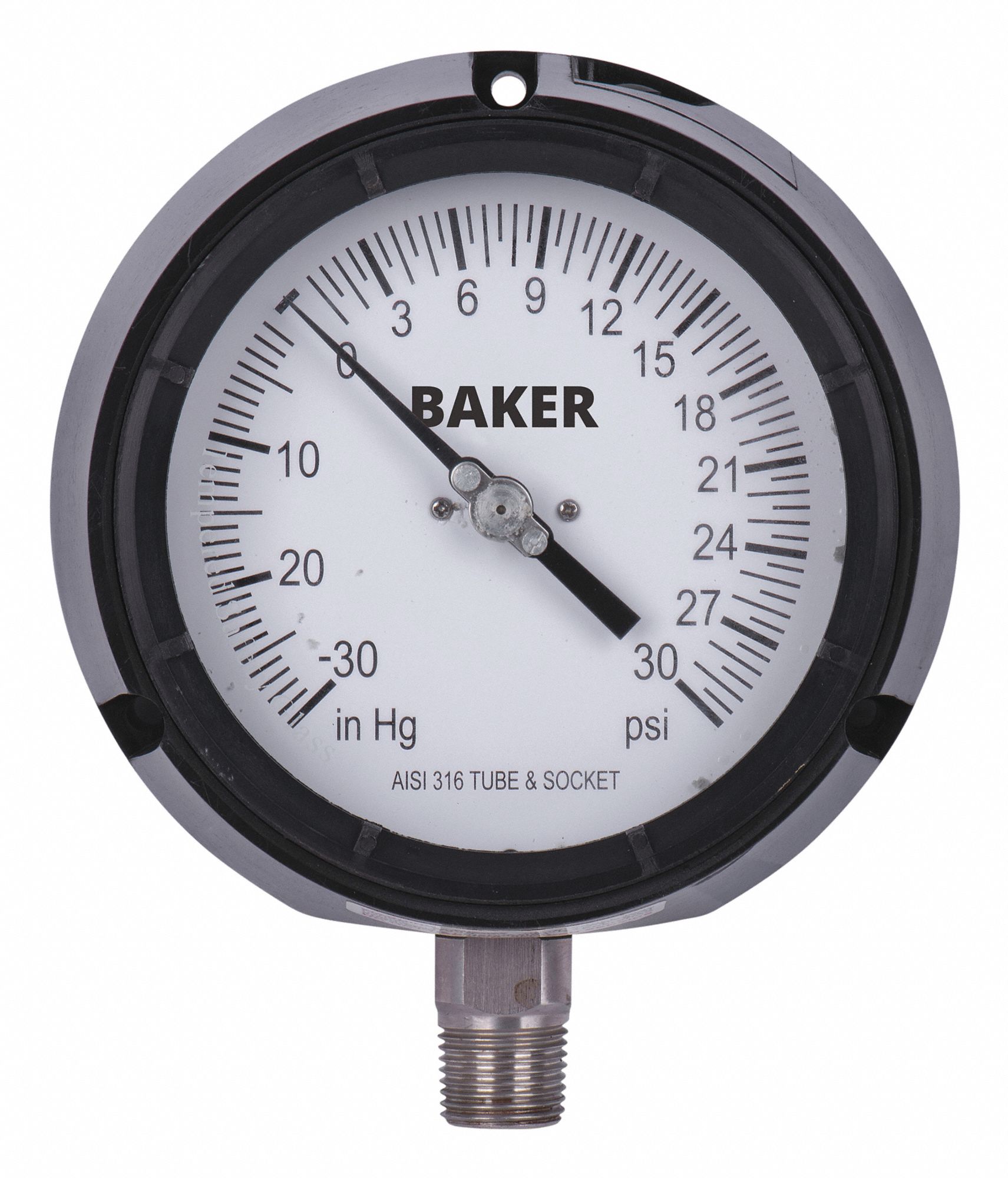 PRESSURE GAUGE, BOTTOM MOUNT, SILICONE-FILLED, 30 IN HG TO 0-30 PSI, BLACK, 1/4 IN MNPT