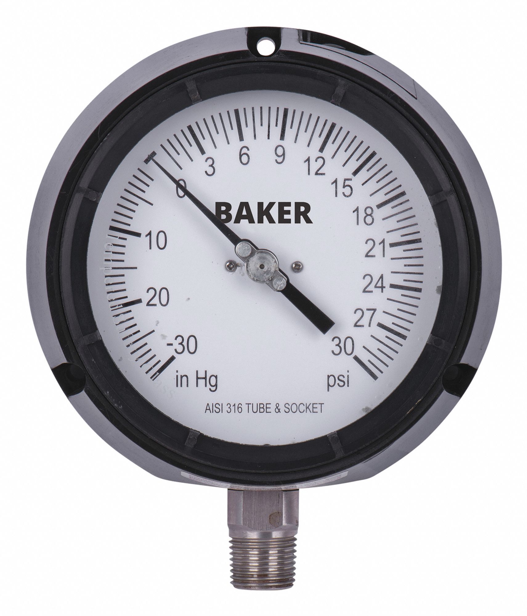 PRESSURE GAUGE, WITH NIST CERTIFICATE, BOTTOM MOUNT, 30 IN HG TO 0-30 PSI, BLK, 1/4 IN MNPT