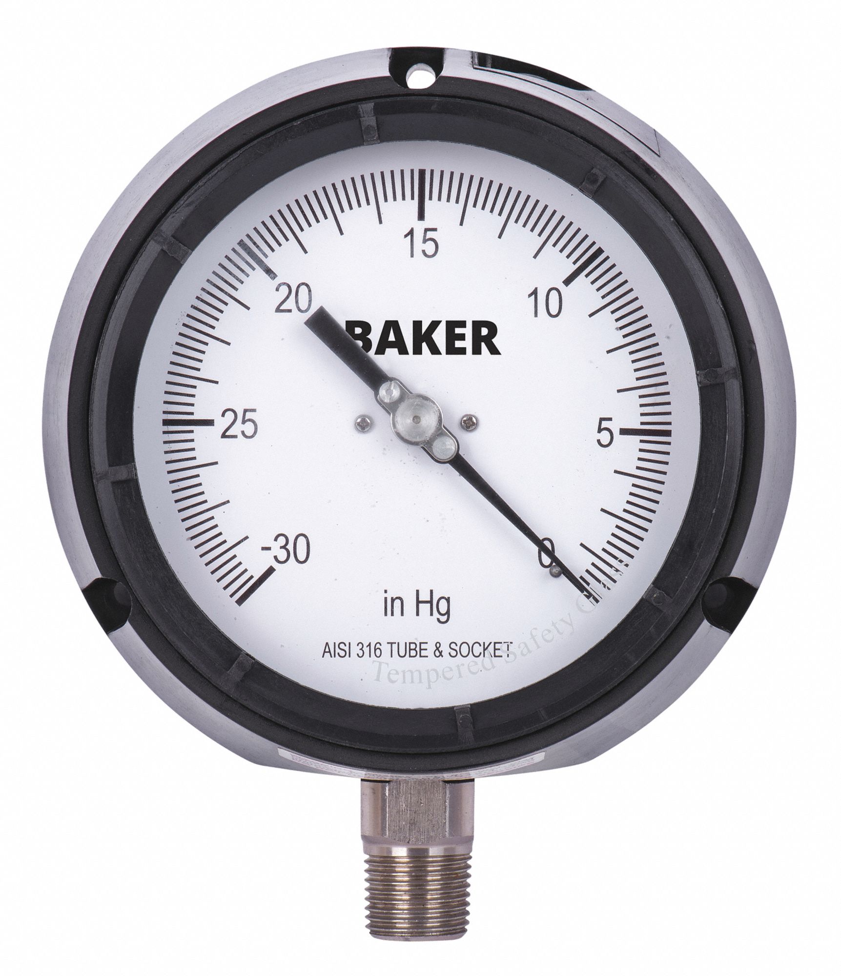 PRESSURE GAUGE, WITH NIST CERTIFICATE, BOTTOM MOUNT, 30 IN HG TO 0, BLACK, 1/2 IN MNPT