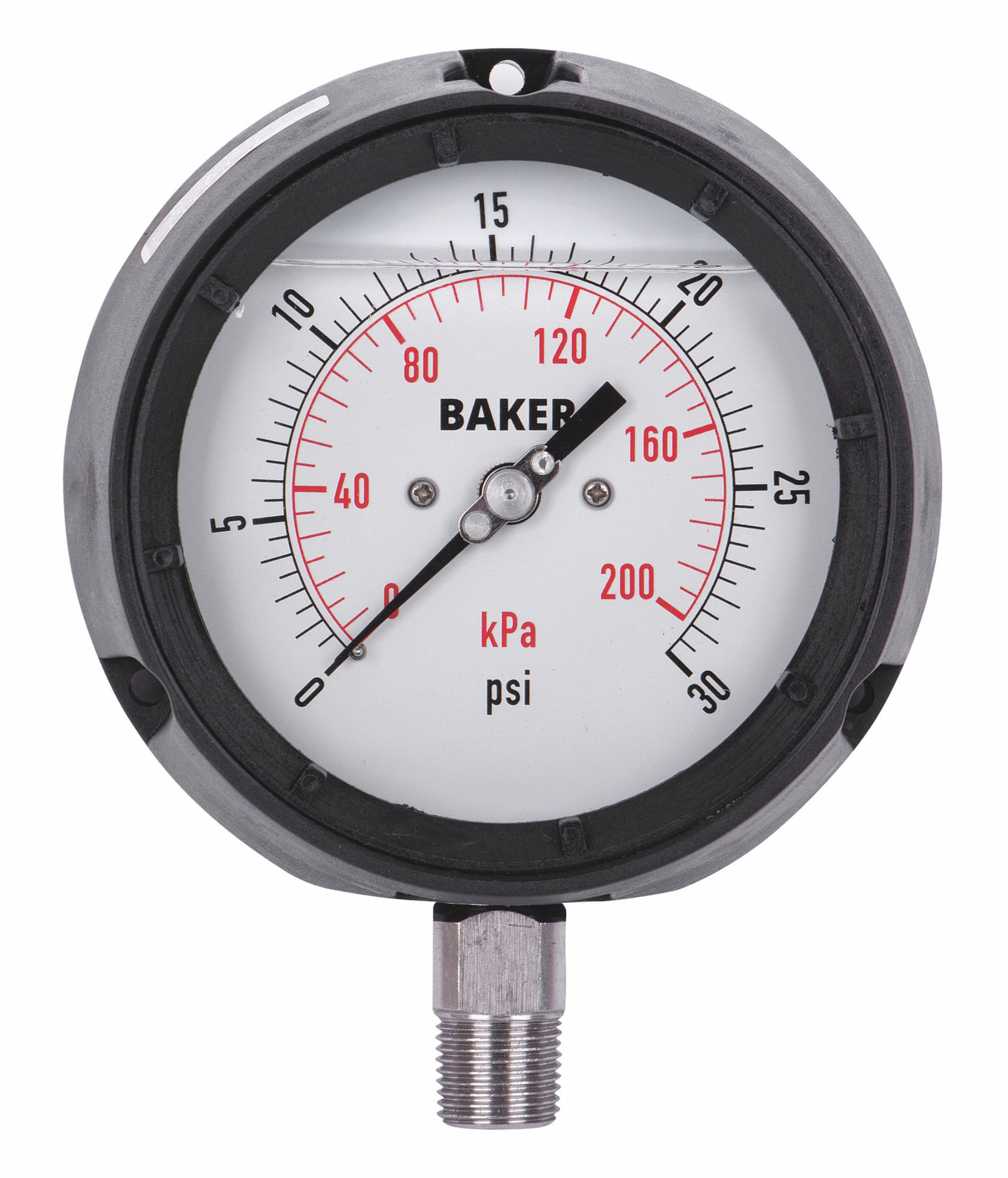 PRESSURE GAUGE, BOTTOM MOUNT, SILICONE-FILLED, 0-30 PSI, BLACK, 4 1/2 IN, 1/4 IN MNPT